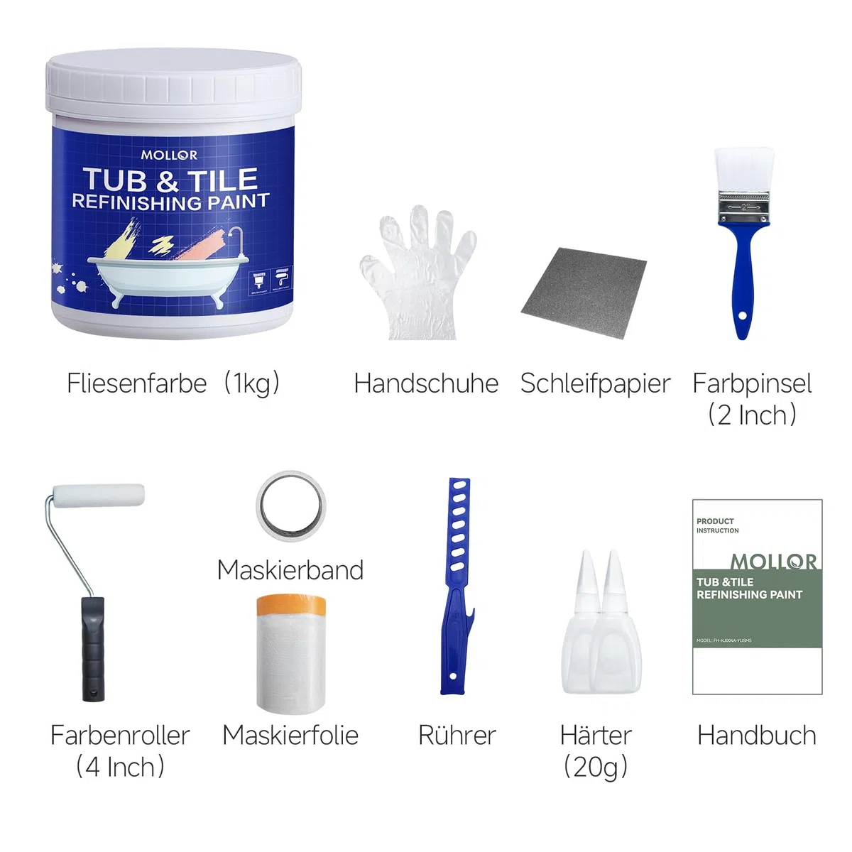 Badewannenlack Weiß 1kg, Fliesenfarbe Badezimmer Fliesenlack, Hochdeckende, wasserbeständige Badewannenfarbe, Badewannen Reparaturset weiß,ideal für Badewanne, Duschwanne und Waschbecken