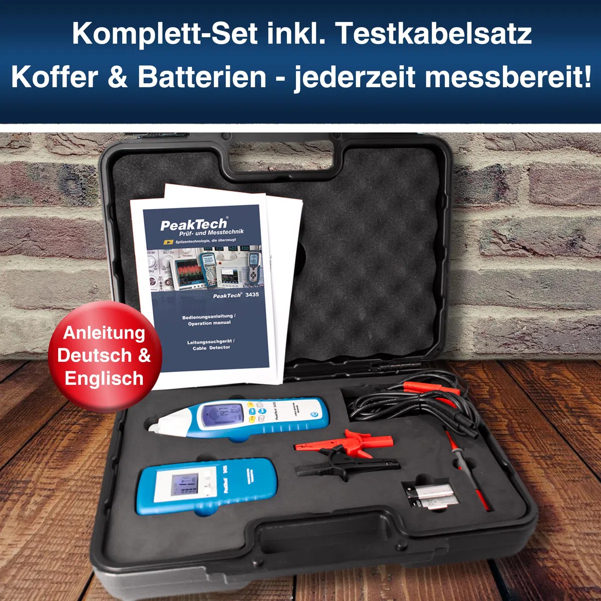 PeakTech P 3435 Leitungssuchgerät mit Sender & Empfänger bis 2m Empfangstiefe [3 Jahre Garantie] Spannungsprüfer berührungslos für Kurzschlüsse, Sicherungen - Leitungssucher für Wände, Decken