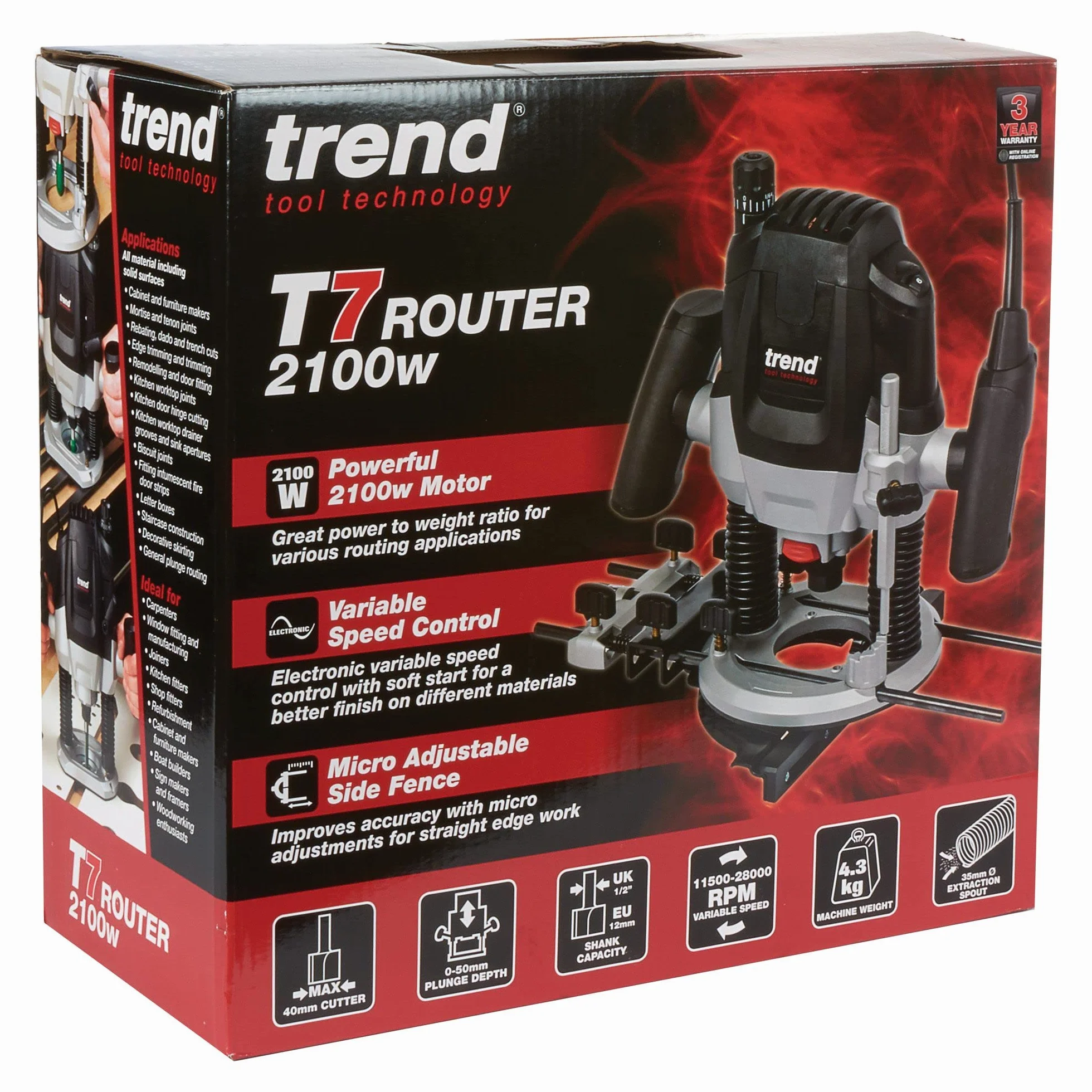 Trend T7 Oberfräse 2100 W, 12 mm Spannzange, variable Drehzahl, 50 mm Frästiefe, Sanftanlauf, 230 V, für Arbeitsplatten, Nuten und Profilfräsungen, im Koffer, T7EK/EURO