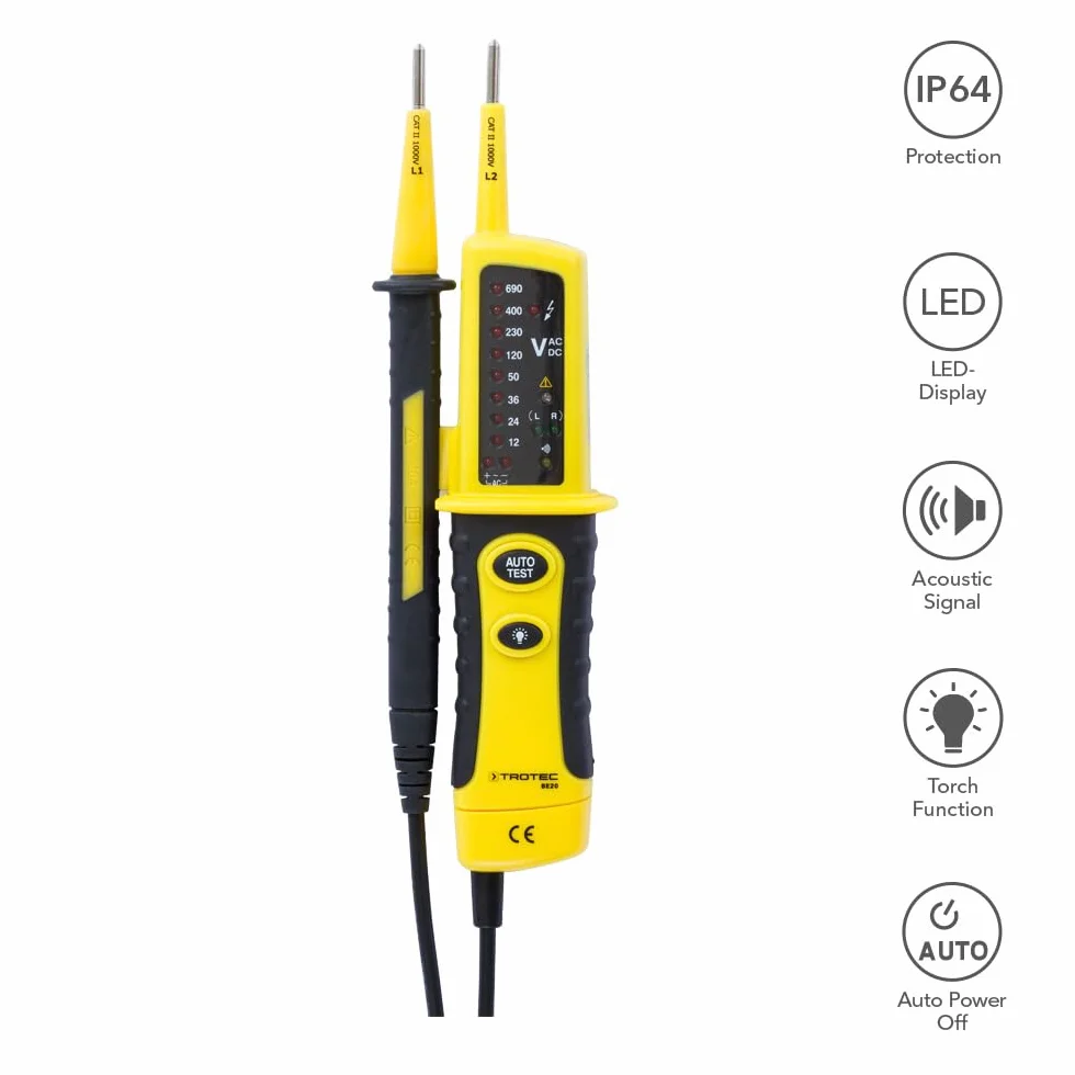 TROTEC Spannungsprüfer zweipolig BE20 – Durchgangsprüfer akustisch – Messbereich 12-600 V (AC/DC), IP64, LED