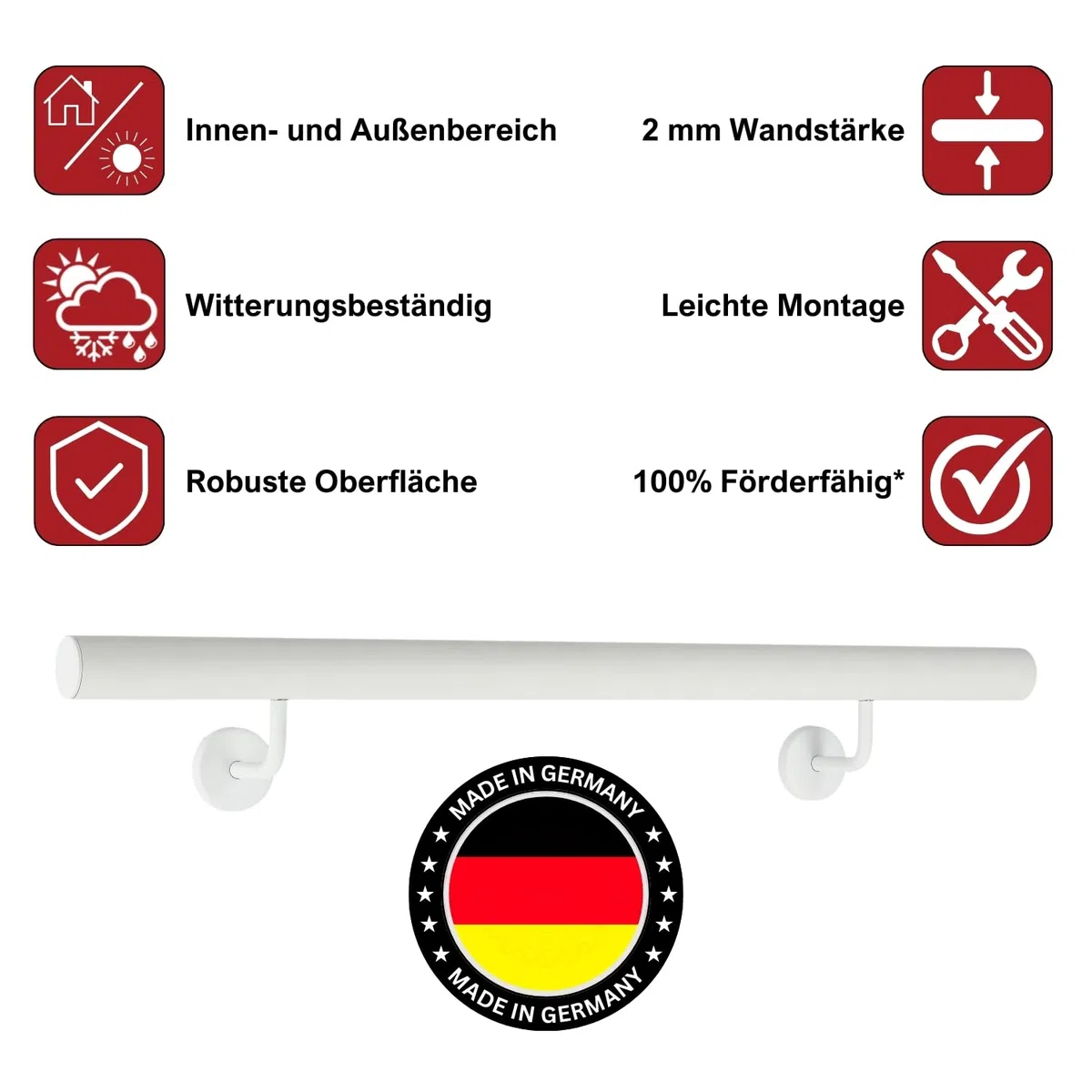 TIBU Handlauf Aluminium Weiß Geländer 30-600cm Wandhandlauf Treppe gewinkelte Edelstahlhalter, Länge 240 cm mit 3 Halter und gerade Kappe