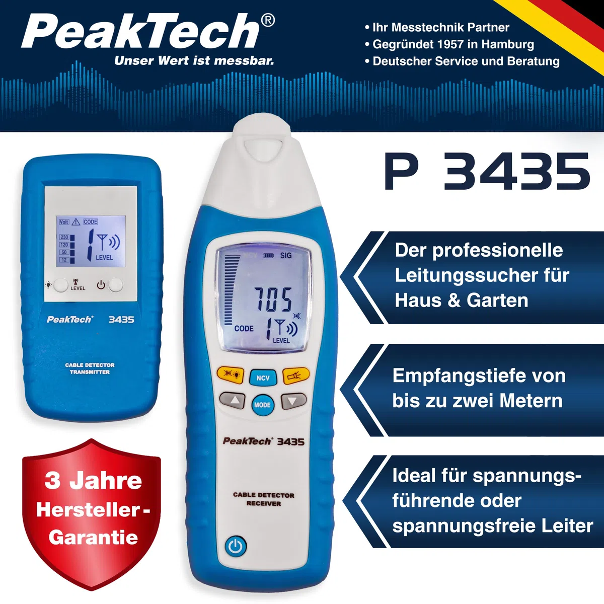 PeakTech P 3435 Leitungssuchgerät mit Sender & Empfänger bis 2m Empfangstiefe [3 Jahre Garantie] Spannungsprüfer berührungslos für Kurzschlüsse, Sicherungen - Leitungssucher für Wände, Decken