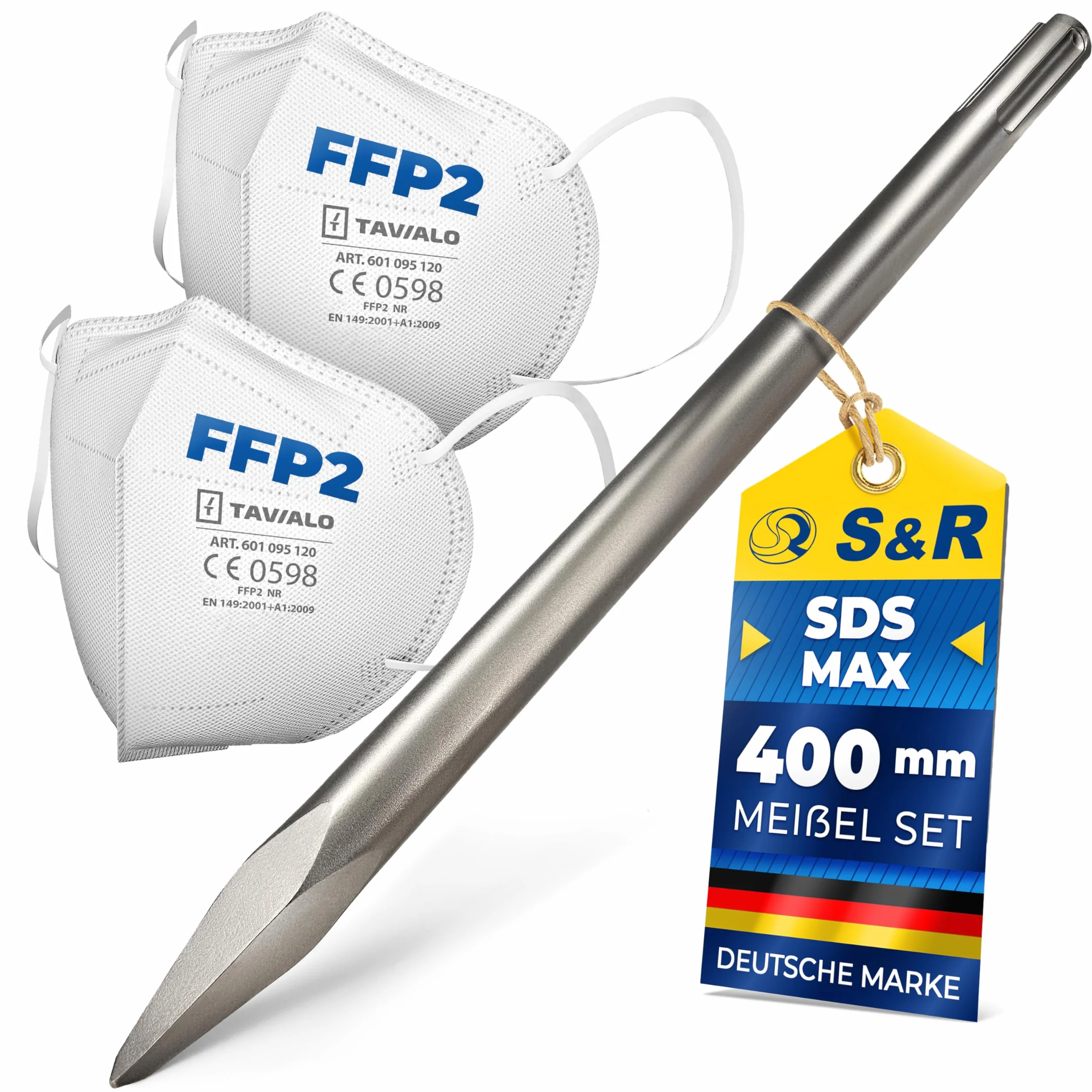 S&R Spitzmeißel SDS MAX 400mm Set, Spitz Meißel SDSMax mit 2 Staubschutzmasken, gehärteter Stahl, Meißel für Beton, Stein, Ziegel, Mauerwerk, kompatibel mit Bohrhammer von Bosch, Metabo, Hilti