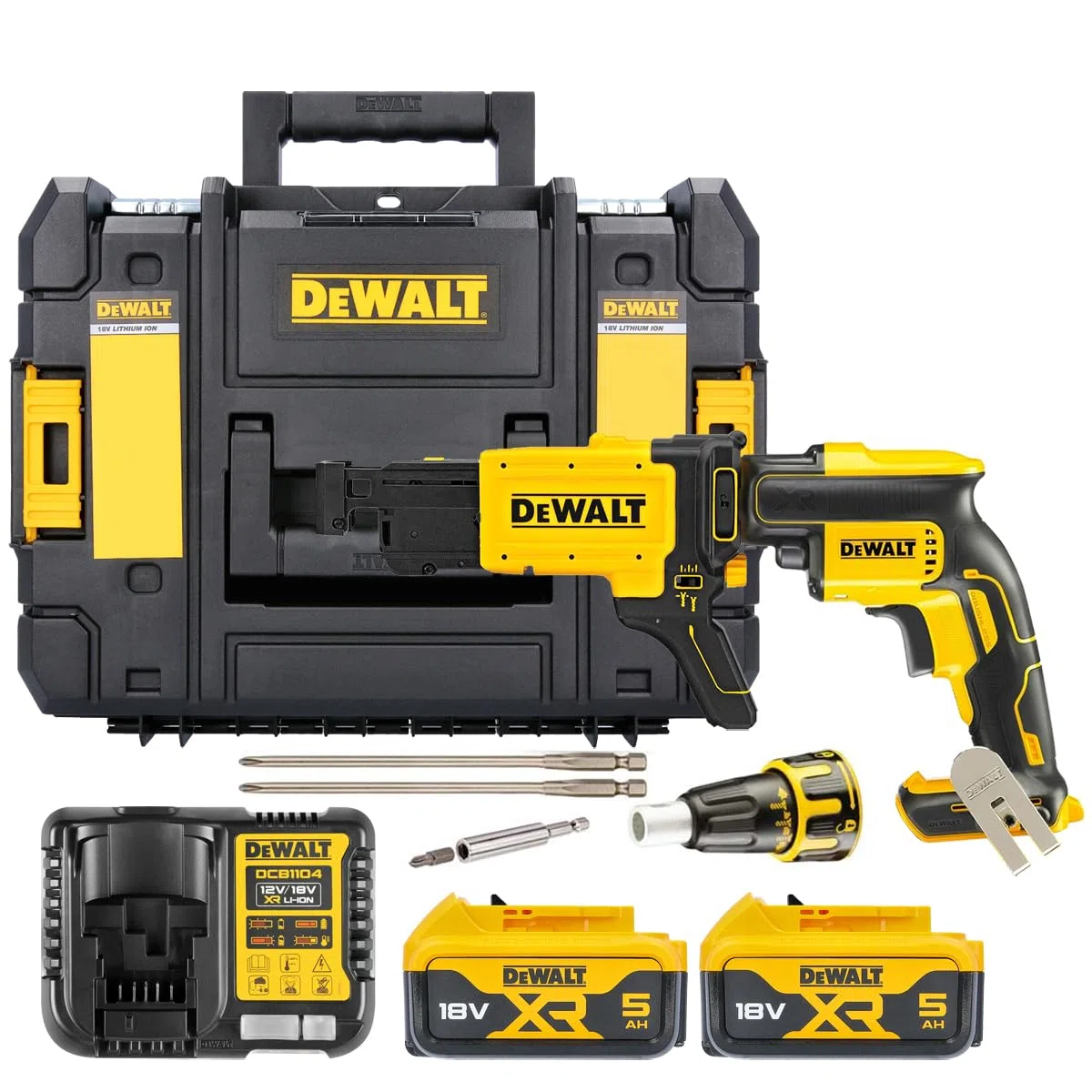 DeWalt Akku-Trockenbauschrauber/Schnellbauschrauber (18 Volt, 5.0 Ah, bürstenlos, inkl. Magazinvorsatz DCF6201, 2x XR Li-Ion Akkus, System-Schnellladegerät, Tstak Box II), DCF620P2K