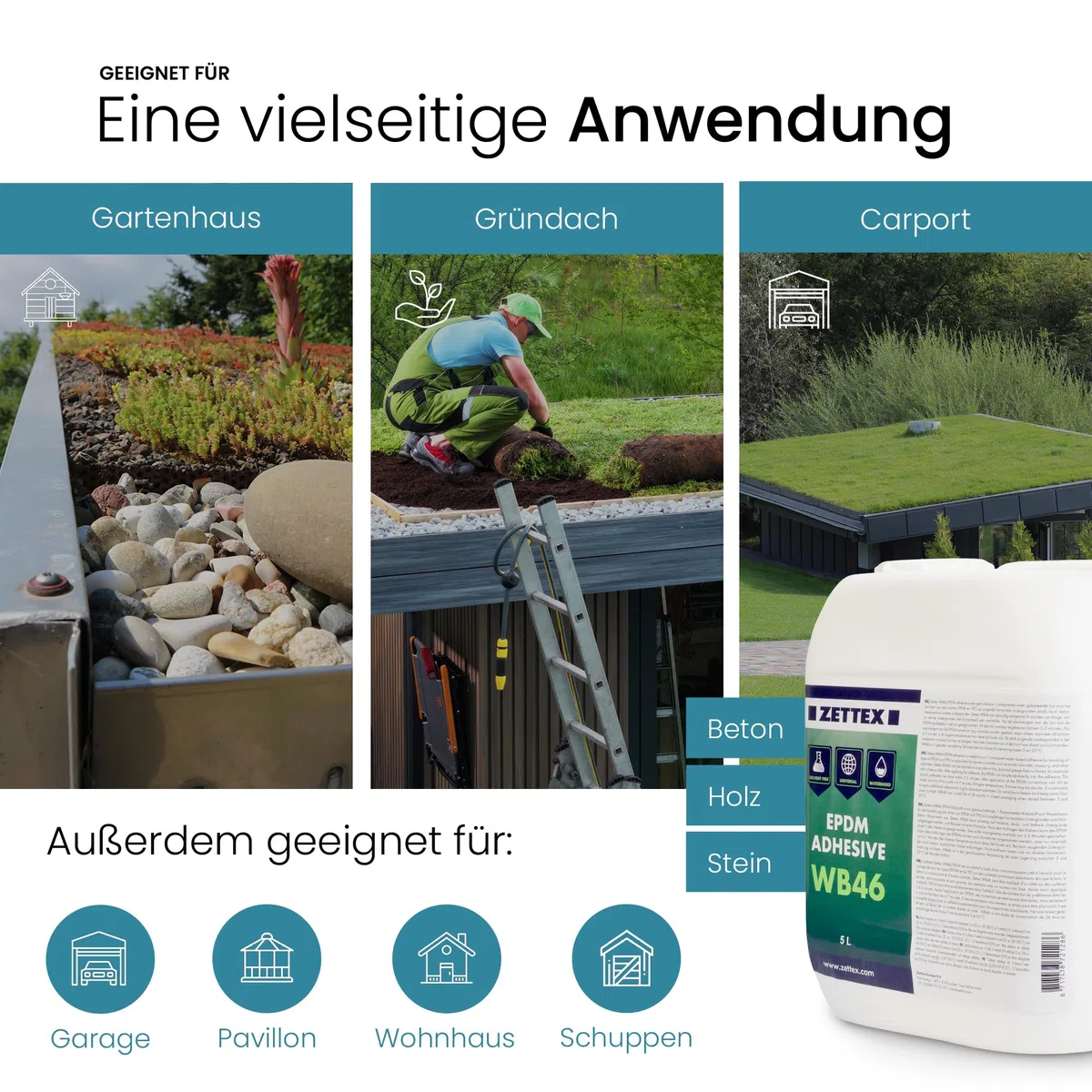 WB46 EPDM Kleber - 5 Liter für bis zu 30m² / Lösungsmittelfrei & wasserbasiert/EPDM Flächenkleber ideal für Holz & Beton Untergründe/EPDM Folienkleber