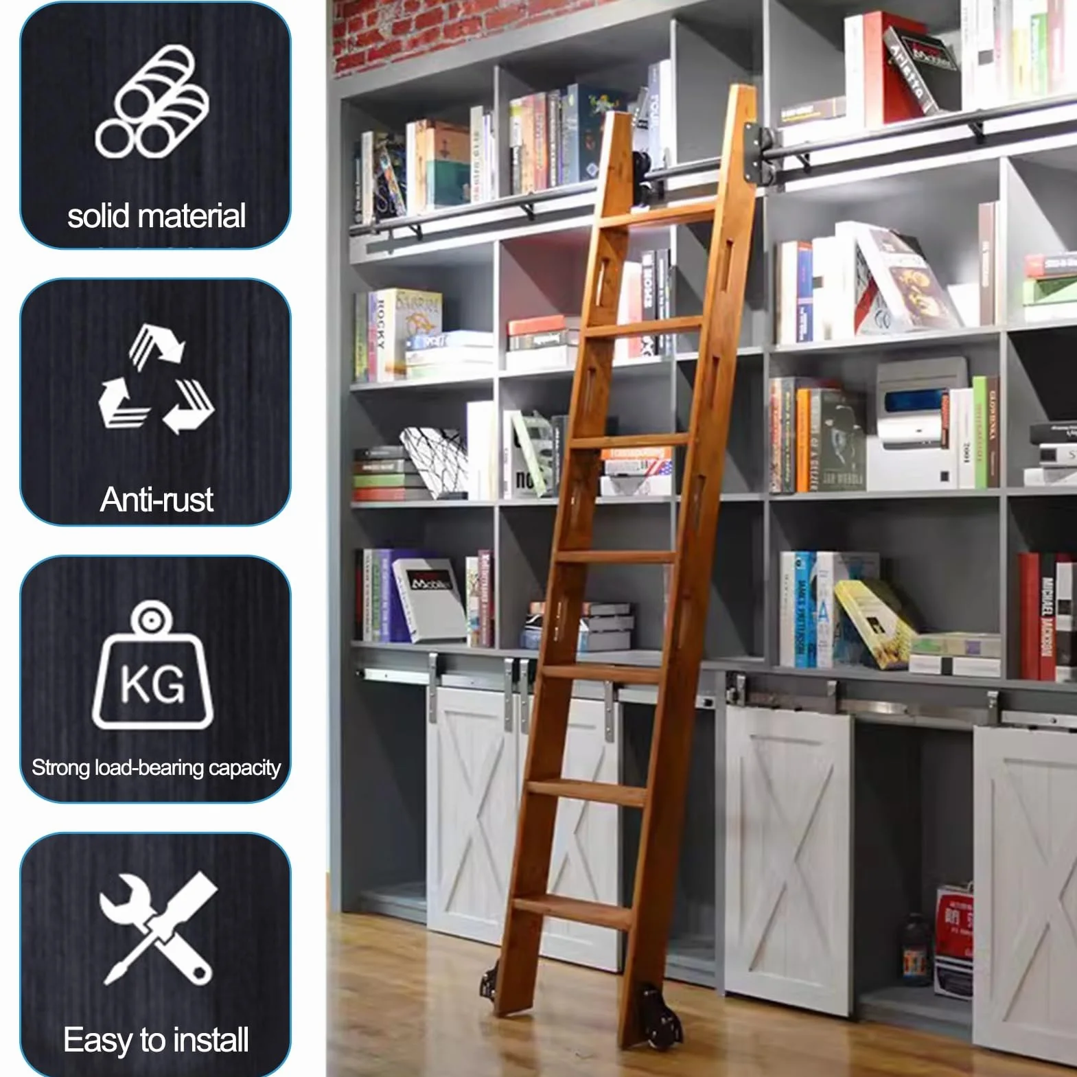 Rollbare Bibliotheksleiter, Gleitleiterschienensatz, für Bücherregale und Lager, Hochleistungs-Gleitschienen | 3,3 bis 24 Fuß Lange Rollleiterschienen/Rollen, komplettes Set (ohne Leiter) (6