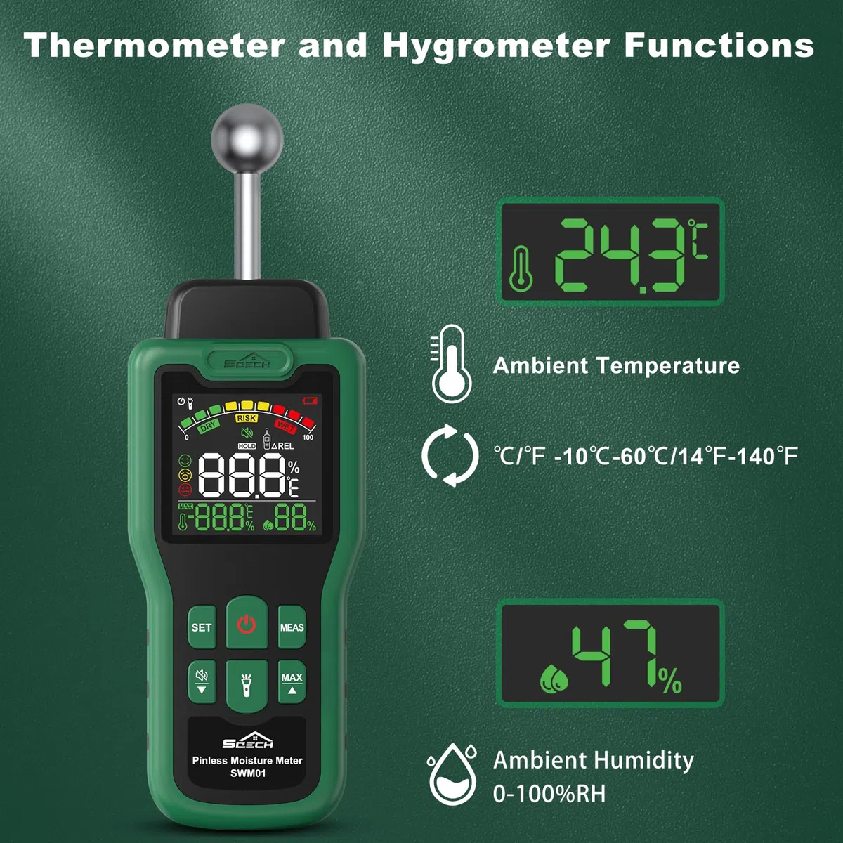 Feuchtigkeitsmessgerät, SQECH Feuchtigkeitsmesser mit Thermometer, Taschenlampe, Alarm, Multifunktionaler Feuchtemessgerät mit Farb-LCD, für Wand, Holz, Mauerwerk,Wohnwagen, Wohnung