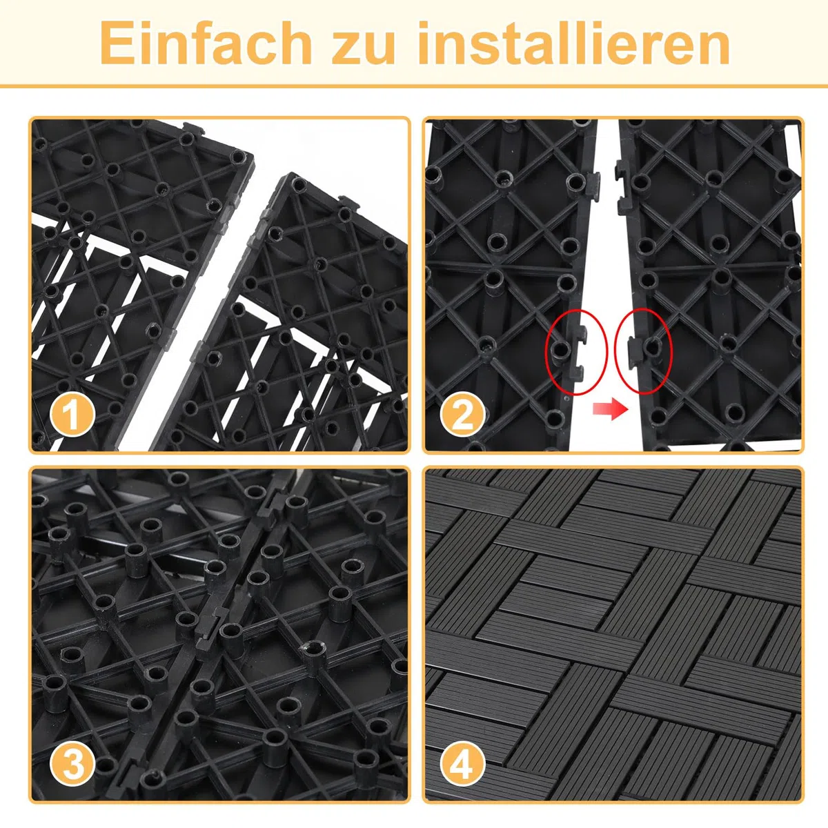Fiqops 10 Stück WPC Terrassenfliesen, 30x30 cm WPC Fliesen,Balkon Bodenfliese mit Klick-System,Balkonfliesen in Holzoptik,Terrassendielen Wasserfest für Terrasse,für 10m²,Anthrazit