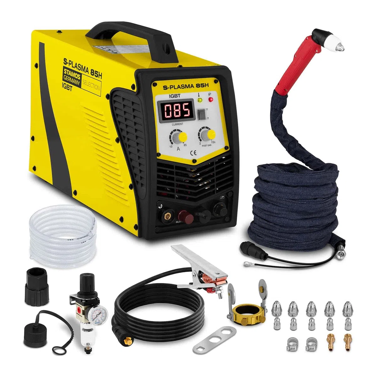 Stamos Welding Group S-PLASMA 85H Plasmaschneider Pilotzündung Plasmaschneidgerät Plasmacutter Plasmaschweissgerät Schweißgerät (400 V, Schneidstrom 20-85 A, Schneidtiefe bis 27 mm, 2T/4T)