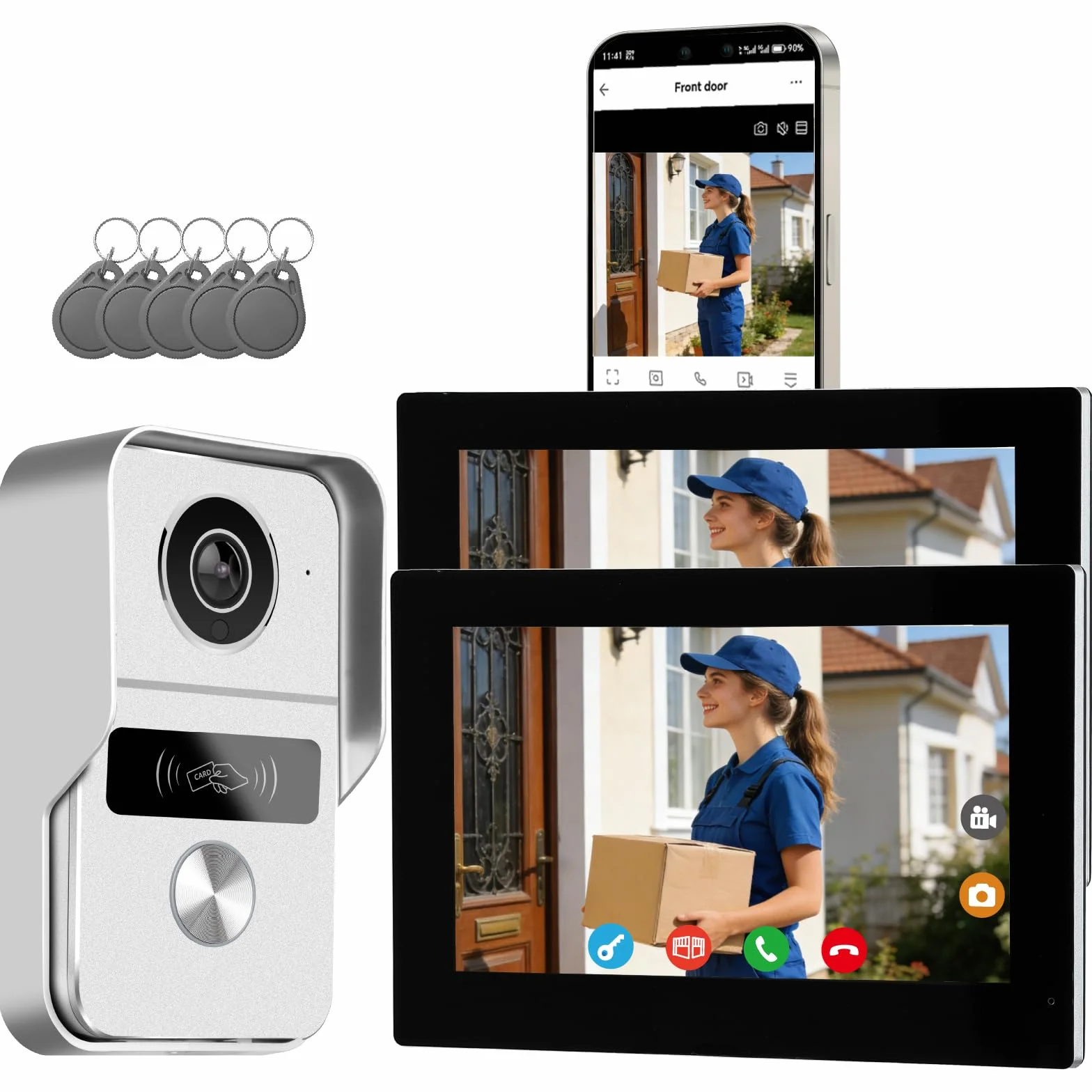 1080p Video Türsprechanlage mit Türöffner für Einfamilienhäuser mit 2- Monitoren,Nachtsicht, Zwei-Wege-Audio, Bewegungserkennung, Entsperren, Aufzeichnen, Überwachen