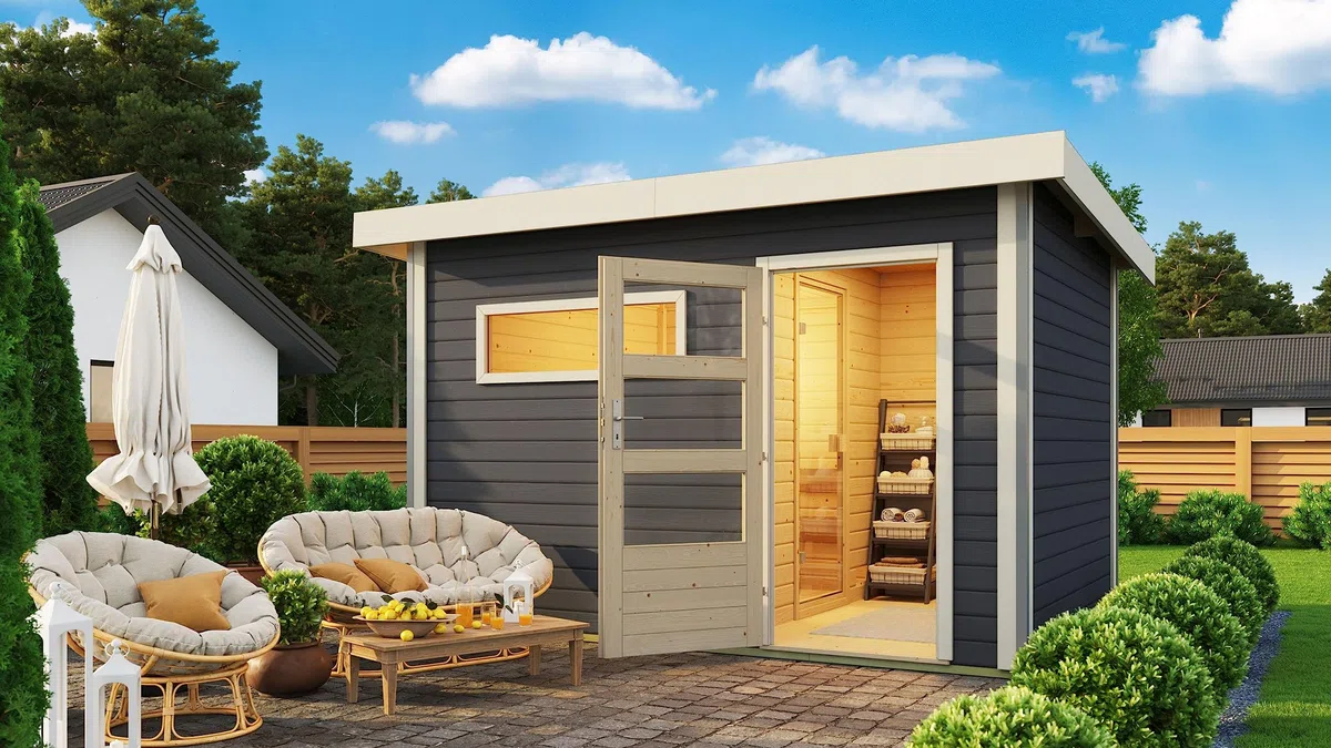 Karibu Saunahaus Helmi Gartensauna Outdoor Dampfkabine naturbelassen/terragrau optional mit Saunaofen (Naturbelassen mit finnischem 9 KW Ofen)