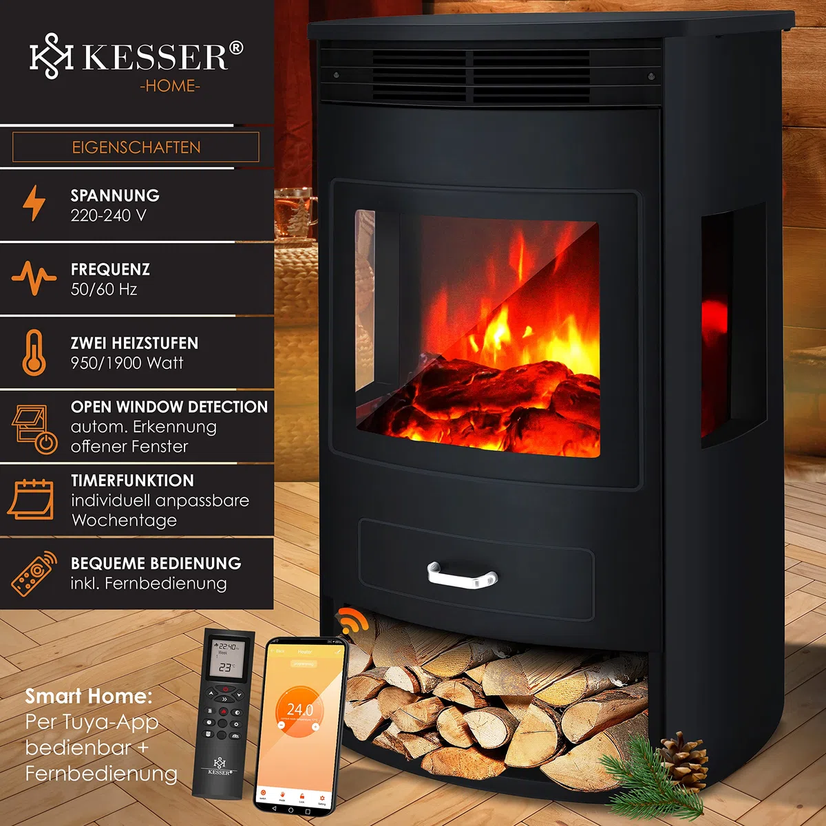 KESSER® Prio Elektrokamin mit Heizung Heizlüfter Fernbedienung WiFi App 950/1900 W Kamin elektrisch LED-Flammeneffekt Kaminfeuer mit Thermostat Panorama-Sichtfenster Heizfunktion Timer