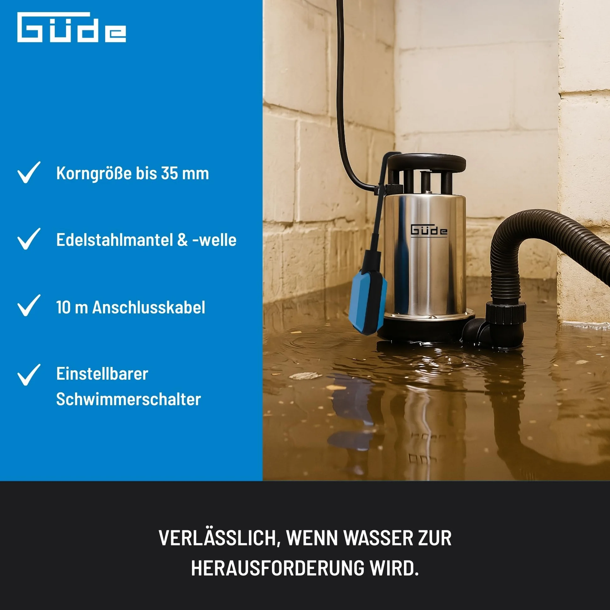 Güde Schmutzwassertauchpumpe GS 1103 PI (1100 W, Fördervolumen: 20.000 l/h, max. Förderhöhe: 8 m, max. Eintauchtiefe: 7 m, Laufrad aus Noryl, Edelstahlmantel & -welle, Thermoschutz, Schwimmerschalter)