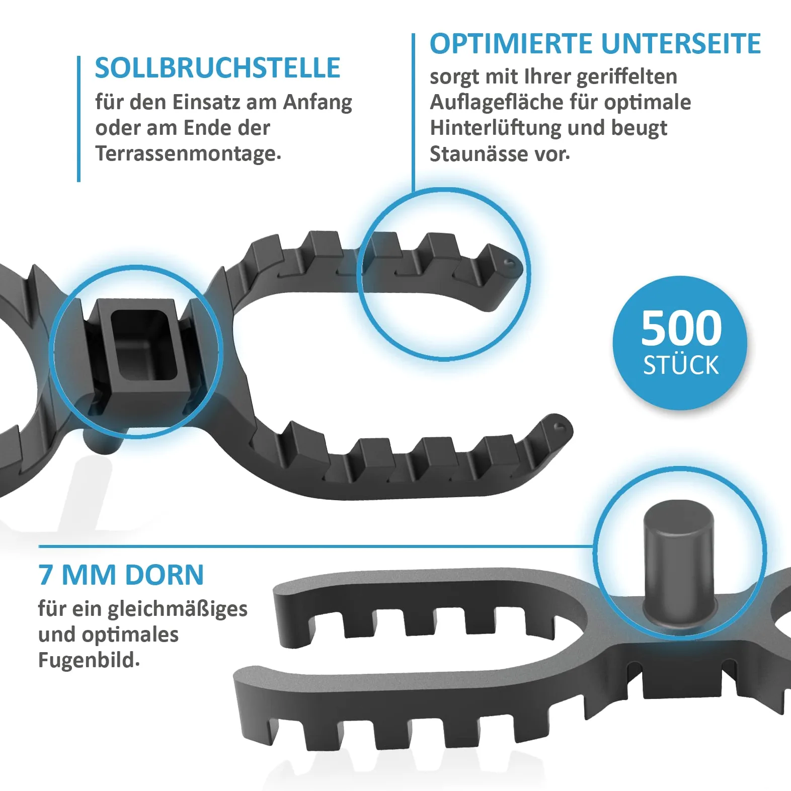 My Plast I 300 Stück - 7 mm Fugenbreite - offen geriffelt I Terrassen-Abstandhalter – hochwertiger Distanzhalter für Terrassendielen