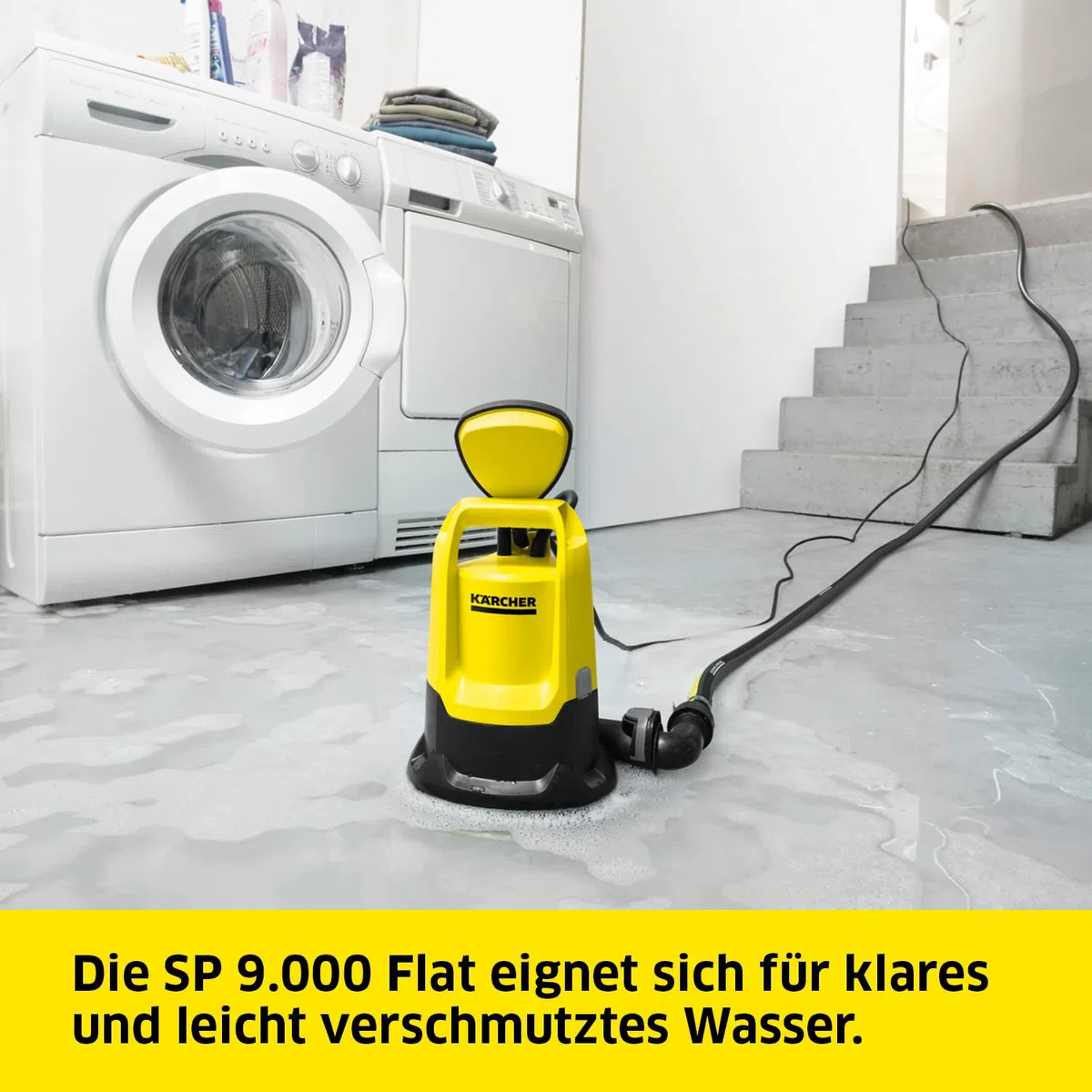Kärcher SP 9.000 Flat flachsaugende Tauchpumpe, Fördermenge: 9.000 l/h, Eintauchtiefe: max. 7 m, für Schmutzwasser mit Partikeln bis zu einer Größe von 5 mm, Restwasserhöhe: 1 mm, Druck: 0,6 bar