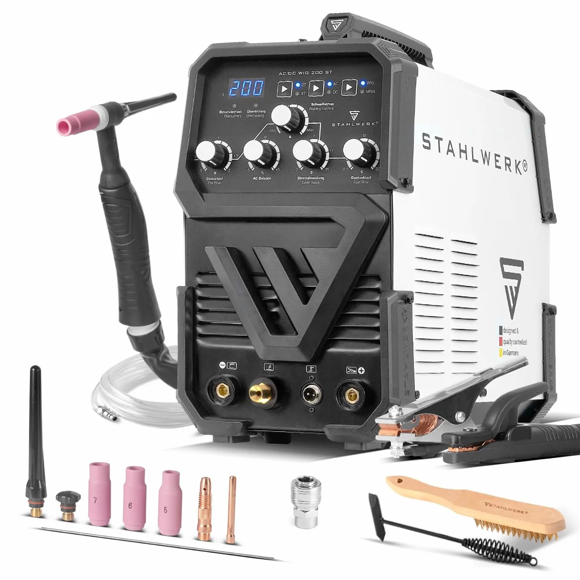 STAHLWERK Schutzgasschweißgerät 2-in-1 Kombi AC/DC WIG 200 ST – WIG & MMA (E-Hand/ARC) bis 200 A, HF-Zündung, Hotstart, Anti-Stick, 2T & 4T-Modus, AC WIG-Schweißen für Aluminium, IGBT-Technologie
