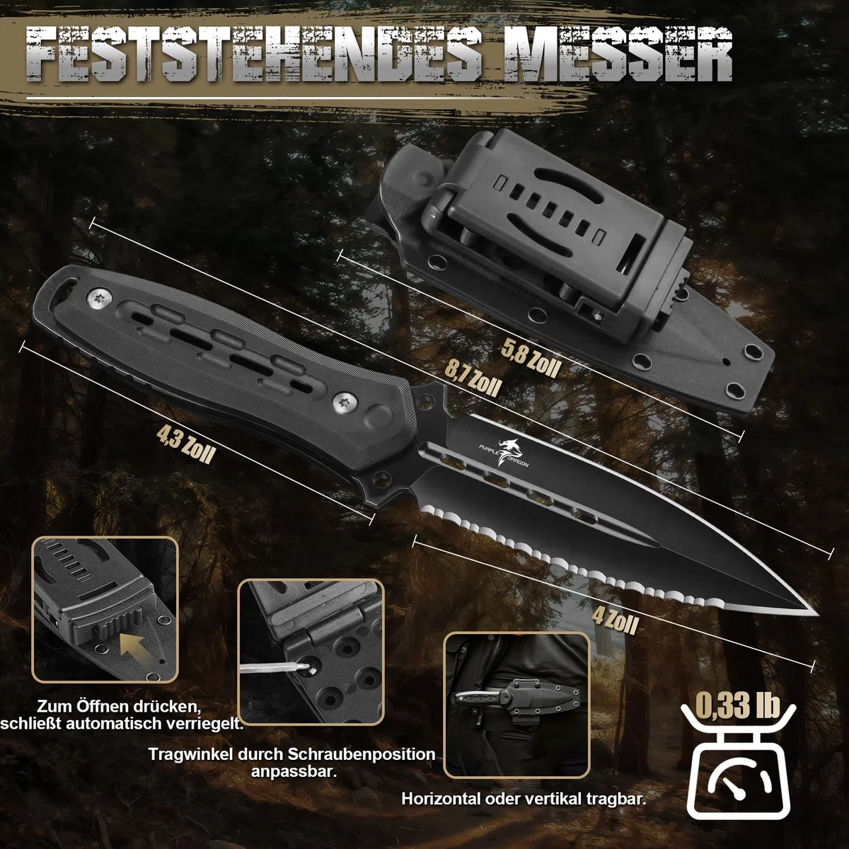 Purple Dragon Survival Messer mit Scheide - Jagdmesser Schwarz mit Feststehende Klinge - Outdoor Messer für Camping Jagd Wandern Abenteuer - Geschenk für Männer