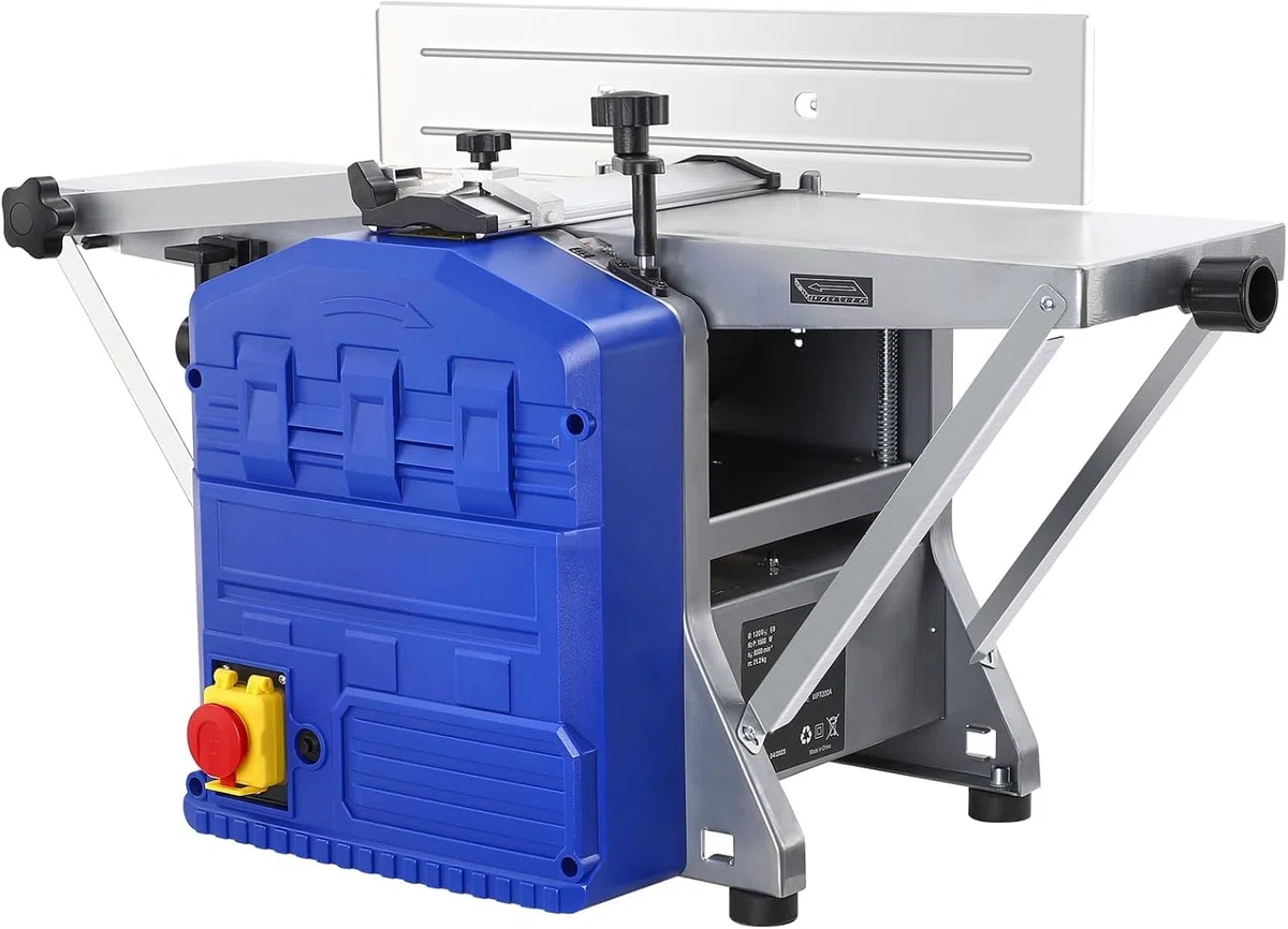 Besäum- und Dickenhobelmaschine Kantenhobelmaschinen und Abrichthobelmaschinen 1250W Leistung Messertorsion 8000 U/min Holzbearbeitungshobel Hobelbreite 204mm Spanabfuhr 2mm Tischhöhe 355mm
