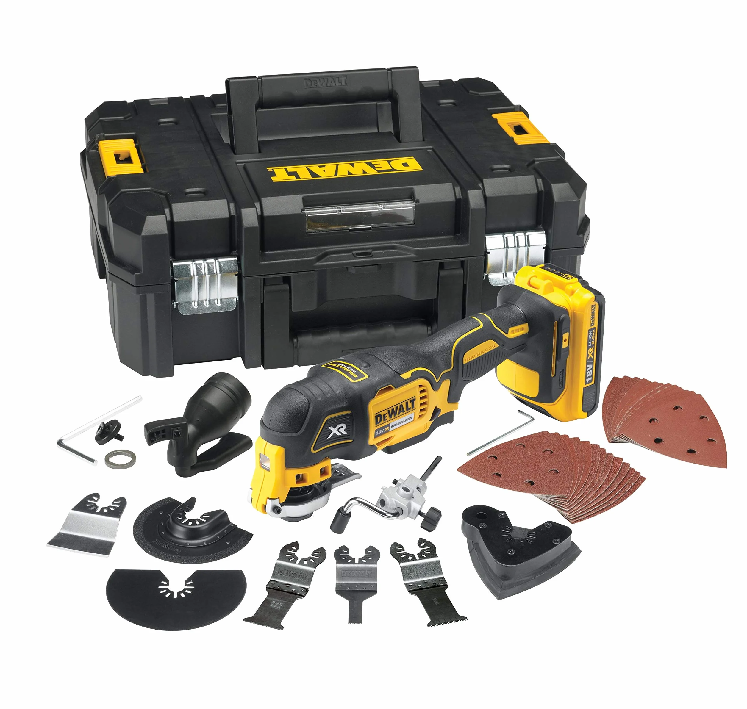 DEWALT Multi-Tool/ Multifunktionswerkzeug (18 Volt, 2,0 Ah Akku, bürstenlos, LED-Arbeitslampe, Airlock-System, inkl. 35-teiliges Zubehör-Set, 2 Akkus, Schnell-Ladegerät und TSTAK Box II) DCS355D2