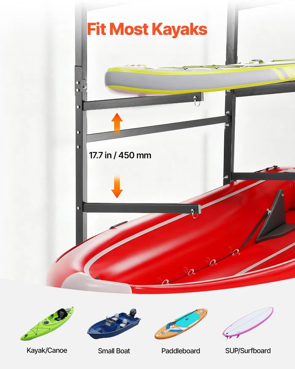 VEVOR Freistehendes Kajak-Aufbewahrungsregal für 4 Kajaks/Kanus/Surfbretter/Paddleboards, Kajakständer für Außen- und Innenbereich, Einstellbarer Kajakhalter, 90 kg Belastbarer Aufbewahrungsständer