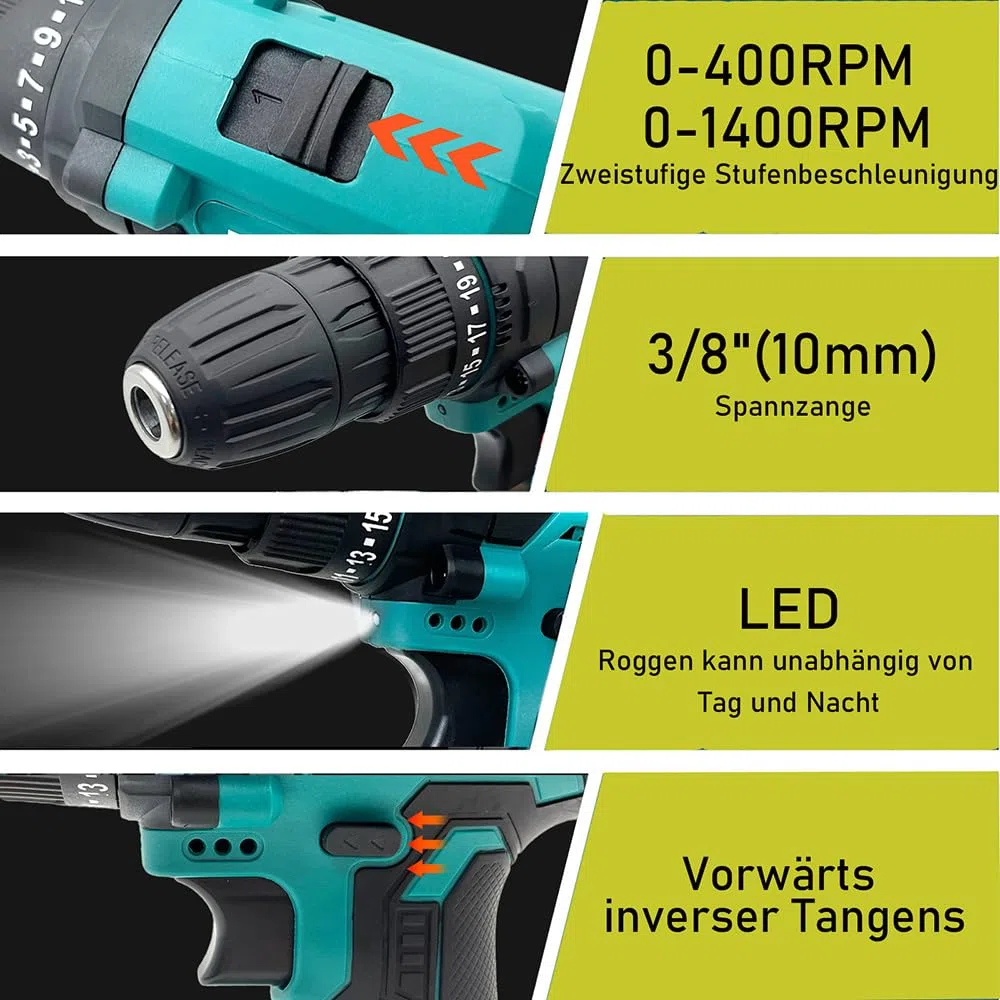 Akku Bohrschrauber 21V/18V, Ersatz für Makita 18V Akku, mit 26PCS Zubehöre,1x 3.0 Ah Akku und Ladegerät, 45 N.m, 25+1Drehmomentstufen, 2-Gang, für Haus DIY Projekt