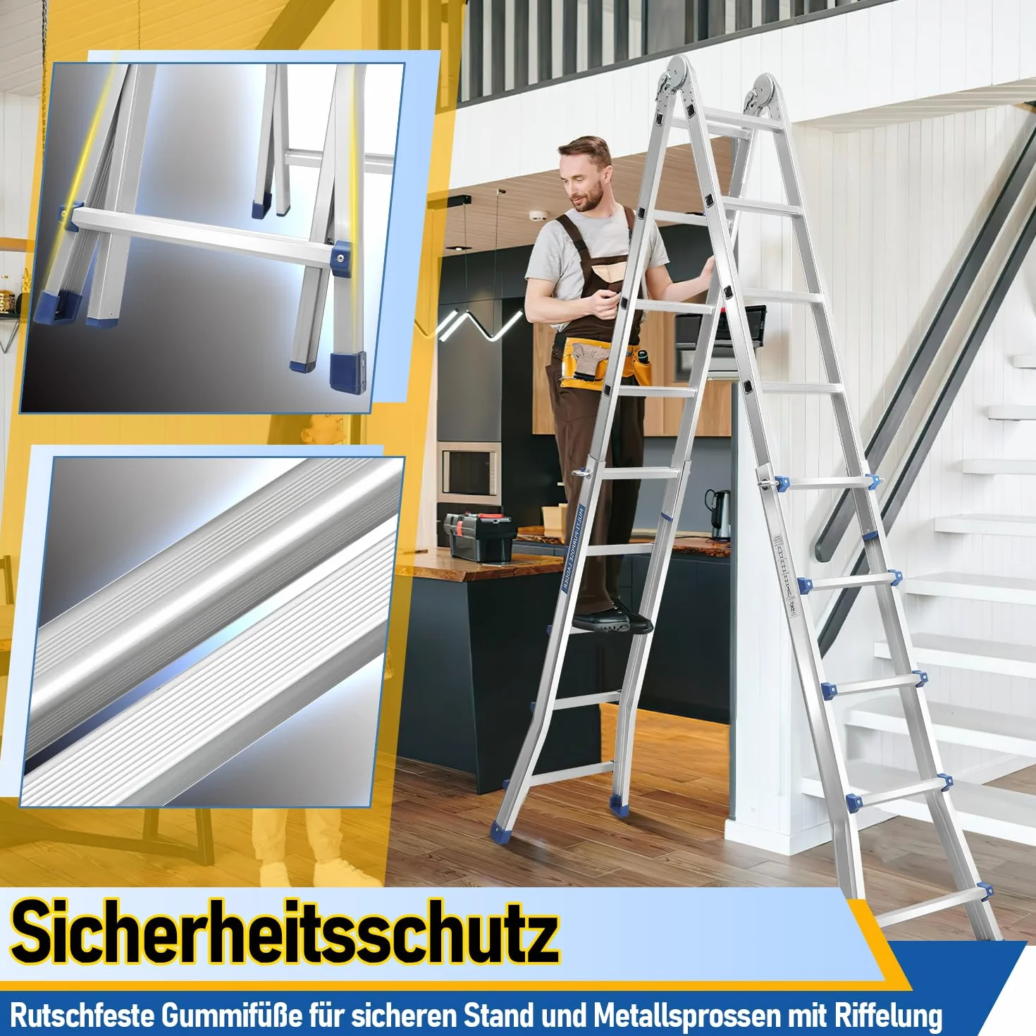 Aluleiter Mehrzweckleiter, 513CM 4x5 Sprossen Teleskopleiter, 4 in 1 Klappleiter 150 kg Belastbarkeit, Bockleiter Schiebeleiter, Beidseitige Steh und Treppenleiter