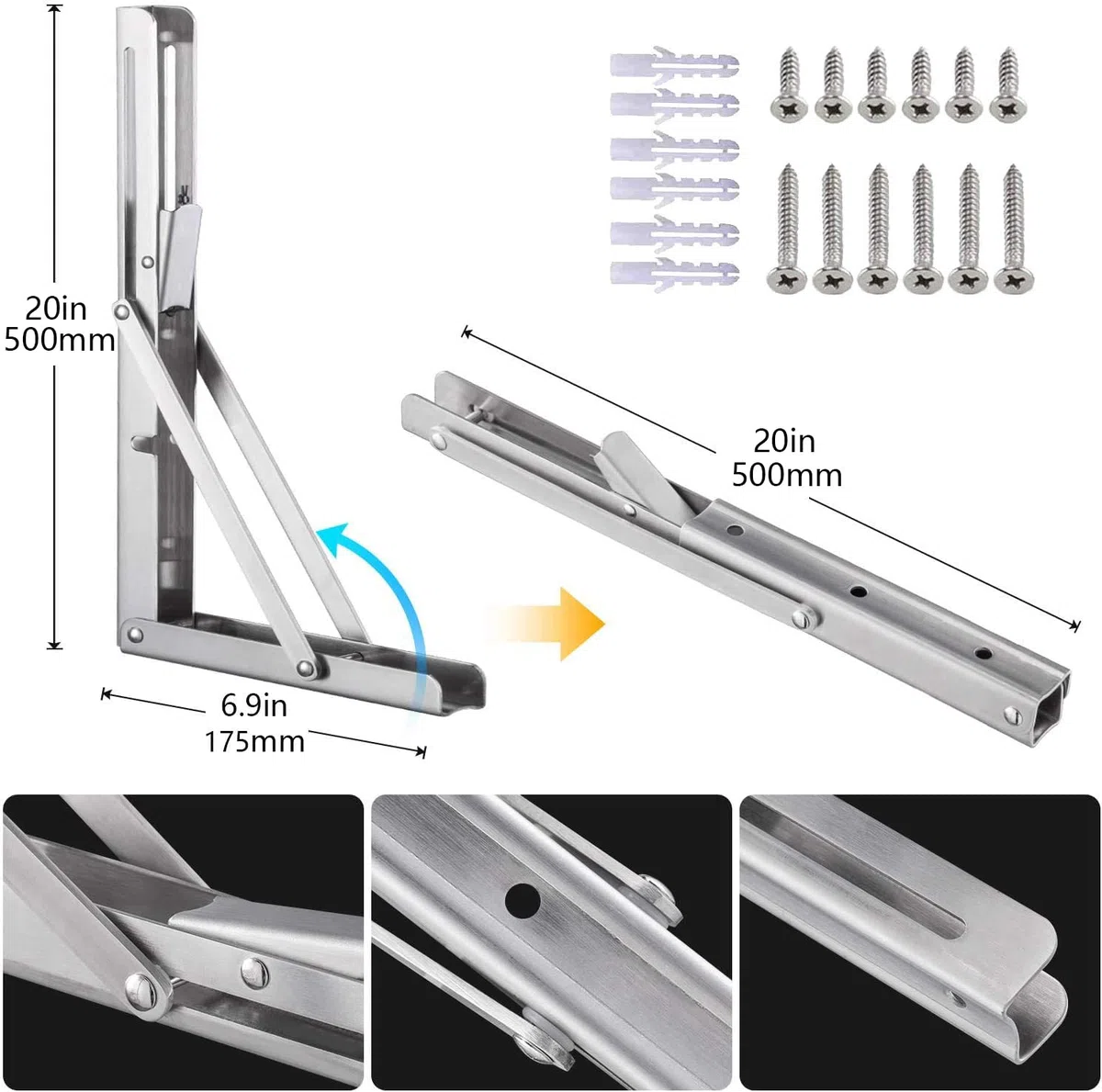 Professionelle Klappkonsole Schwerlast, Edelstahl Klappkonsolen Klappkonsole Tisch Klappregalhalterungen Klappträger Regalträger für Bänke und Regale (500mm, 2 Stück)