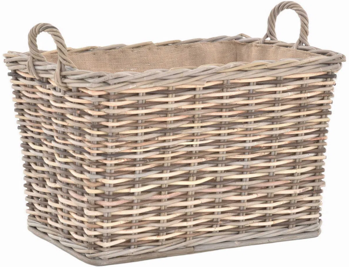 Stabiler Kaminholzkorb, Flechtkorb mit eingearbeitetem Jutestoff/Holzkorb aus unbehandeltem Natur-Rattan (Mix Natur)