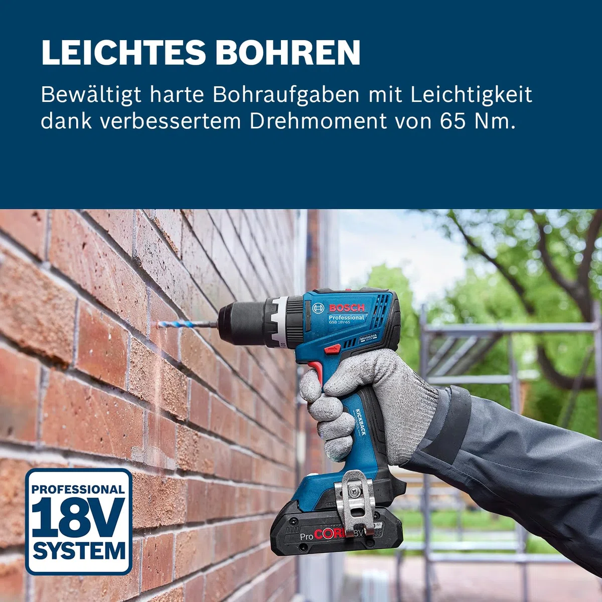 Bosch Professional 18V System Akku-Bohrschrauber GSB 18V-65 (bürstenloser Motor, Kopflänge 175)