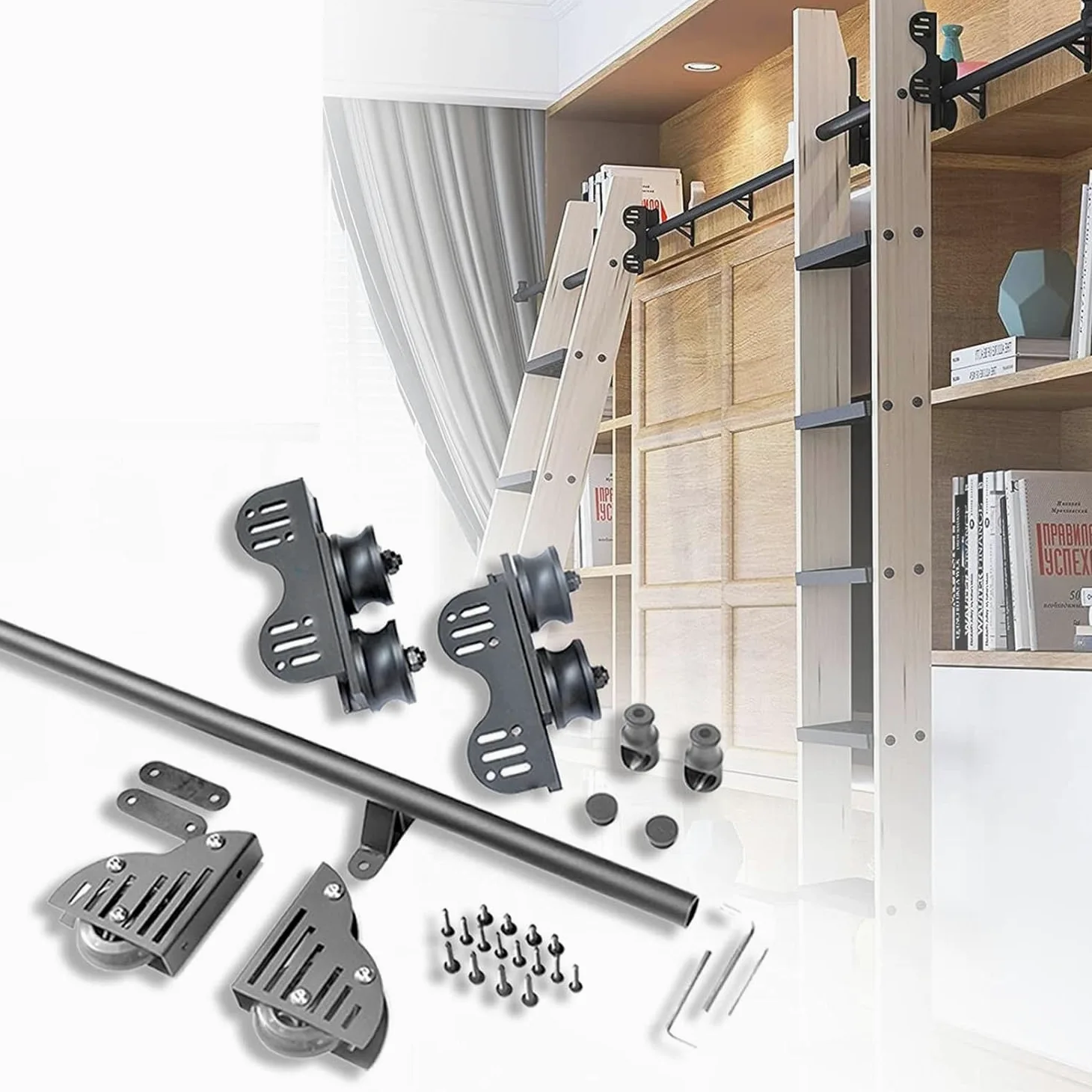 Schiebeleiter Hardware Kit, Einziehbare Rollleiter Hardware Bibliothek, Robuste Bodenrolle aus Stahl, Mobile Leiter-Gleitschiene aus Kohlenstoffstahl