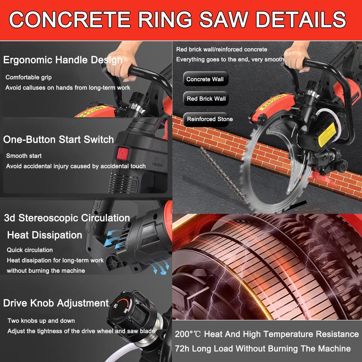 Industrielle BetonringsäGe Mit 8980 W | Intelligente Wasserversorgung Mit Verbindungswasserpumpe | 16-Zoll-Diamantklinge | 29 cm Schnitttiefe | 3000 U/Min | FüR Granit, Beton,1blade