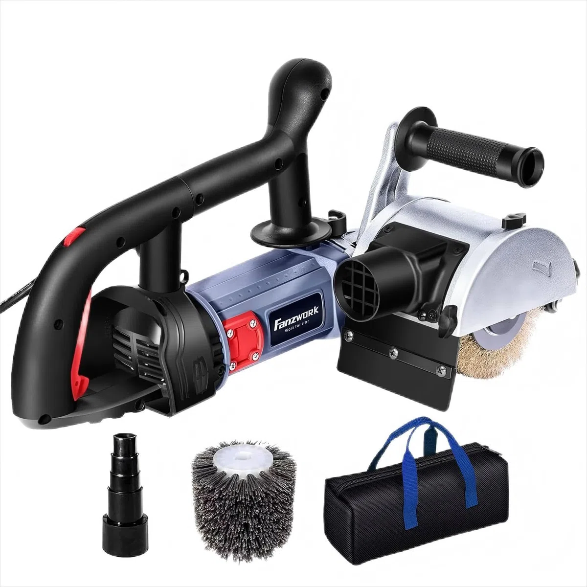 FANZWORK V2 1500 Watt Satiniermaschine Schleifmaschine Bürstenschleifgerät zur Renovierung von Oberflächen, mit Staubsaugung-Anschluss, Drehzahlregelung, Kugelgriff, Stahldraht & Nylon Bürste