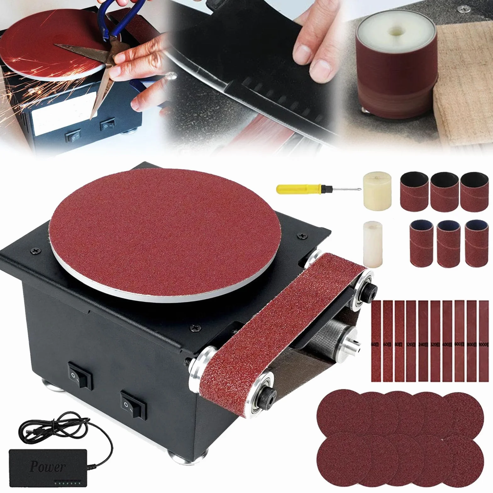 Bandschleifer, 350W Band Tellerschleifer Tisch Scheibenschleifer Durchmesser Schleiftellers 150mm 10 Tellerschleifpapier 10 Schleifbändern 2 Rollen 6 Schleifband Geeignet Schleifen von Metall Holz