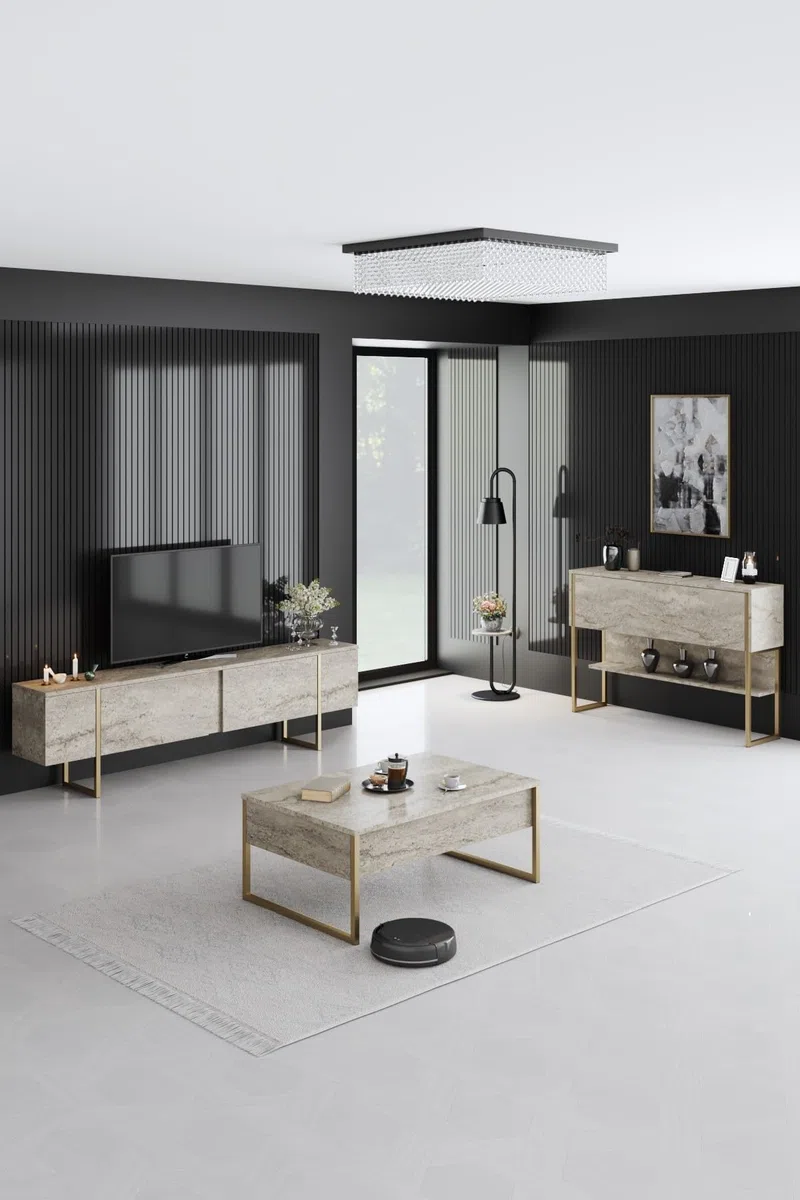 Holzkonsole "Luxe" - 120 x 30 x 80 cm - Travertin Gold