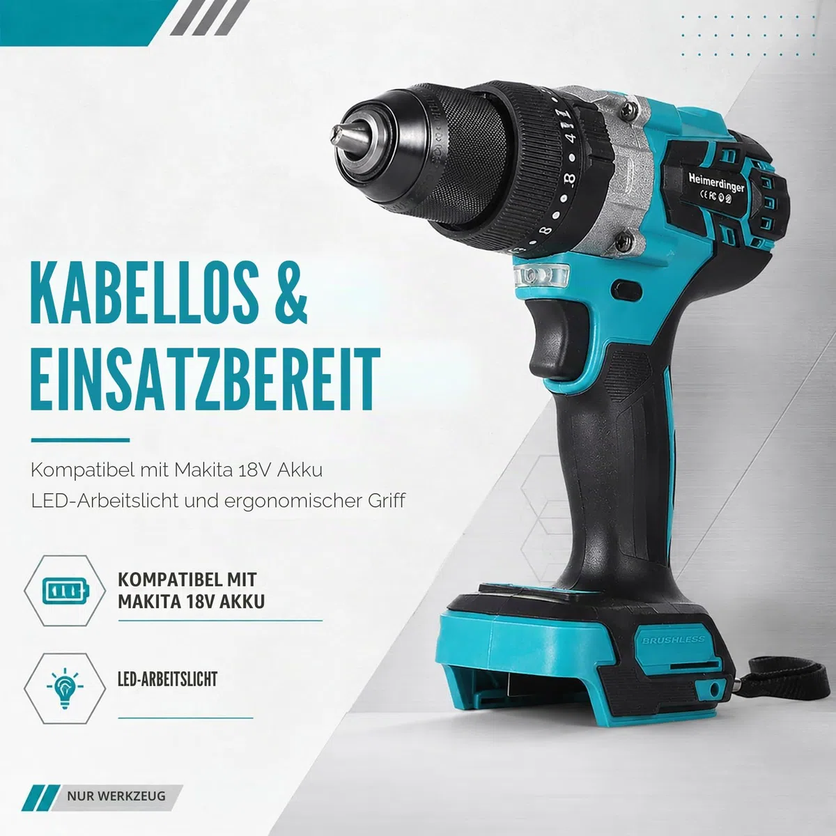 150Nm Bürstenloser Akku-Schlagbohrschrauber für Makita 18V Batterie, 13mm Zoll Bohrfutter, 2-Gang Getriebe, 21 Drehmomentstufen Elektrischer Schlagschrauber Bohrhammer