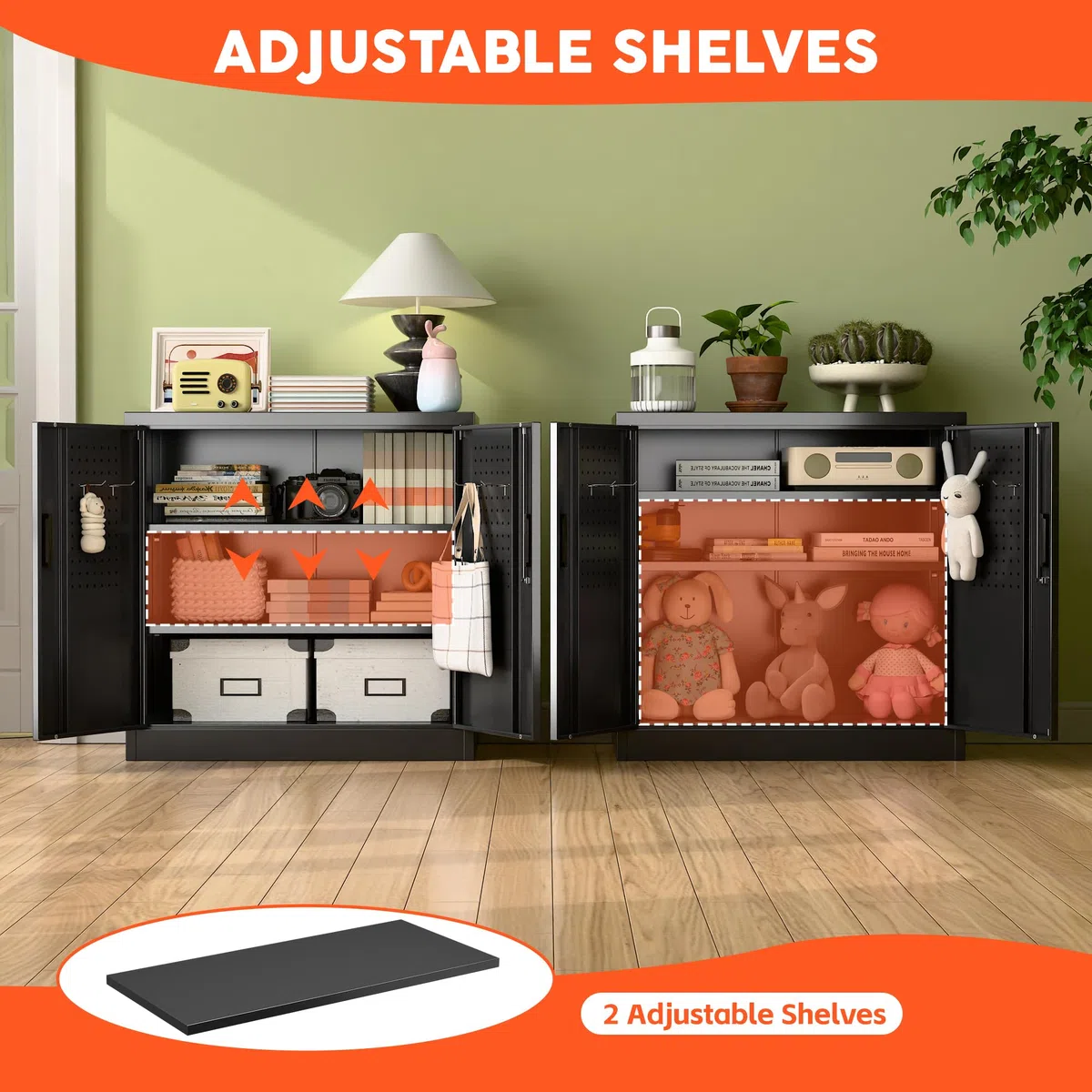 Metallschrank mit Lochplatte und Haken, 80 cm Hoch, 2 Verstellbare Regalböden, Geeignet für Zuhause, Büro, Garage, Schule, Zum Selbstaufbau, Schwarz