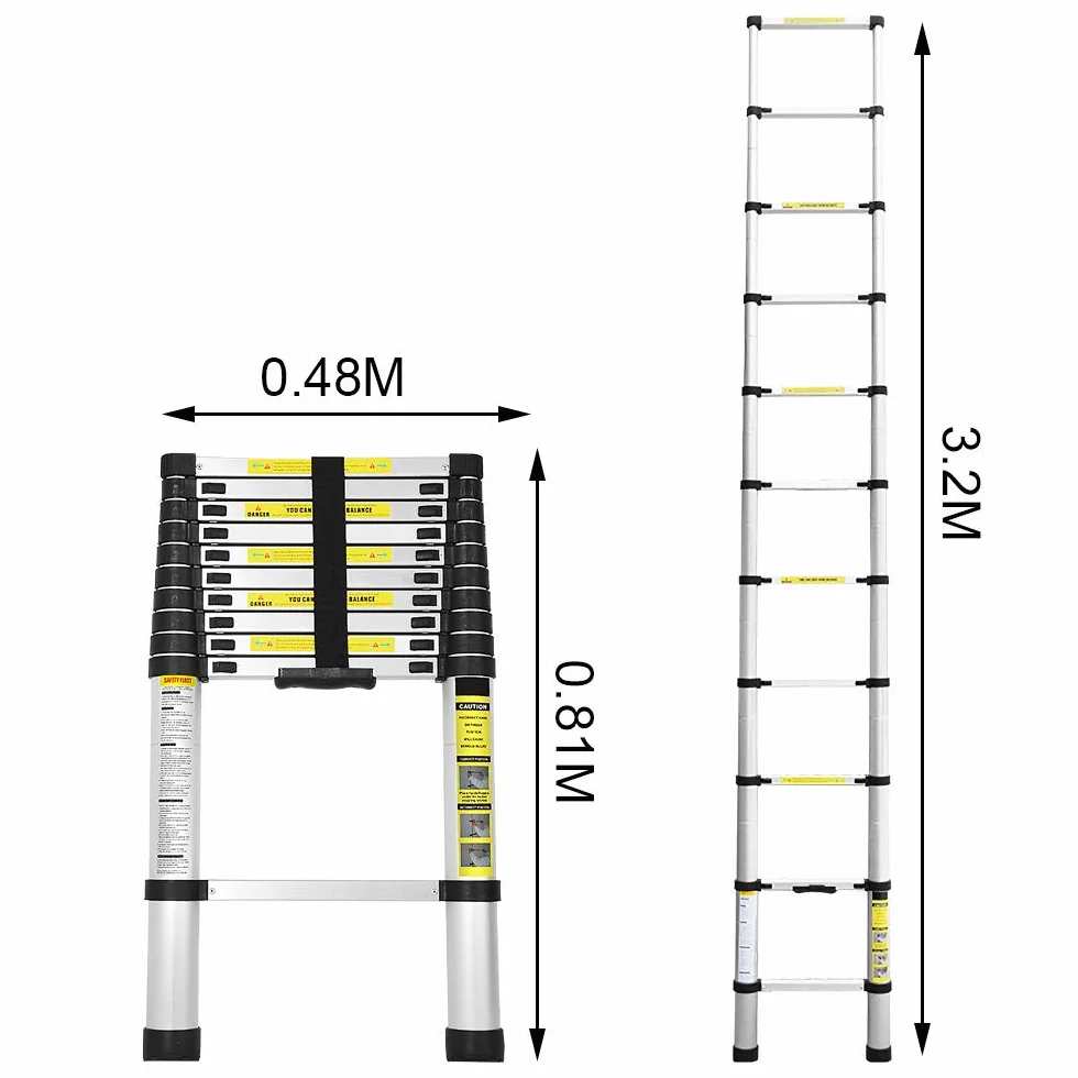 Teleskopleiter, 3.2M Aluminium Leiter, Tragbar Ausziehleiter, Teleskop Aluminiumleiter, Mehrzweckleiter, Maximale Tragkraft von 150kg
