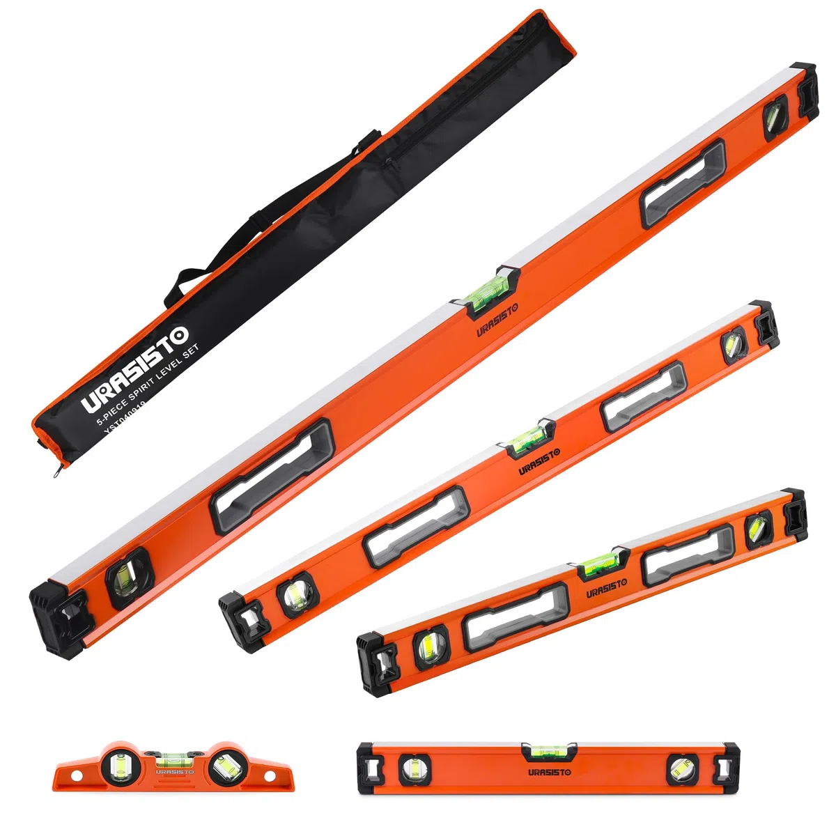 URASISTO 5-teiliges Wasserwaagen-Set, 25cm, 40cm, 60cm, 80cm, 120cm Nivellierset mit magnetischem Torpedoniveau, 45°/90°/180° Blasenmessung, Aluminiumlegierungs-Niveaus mit Tragetasche