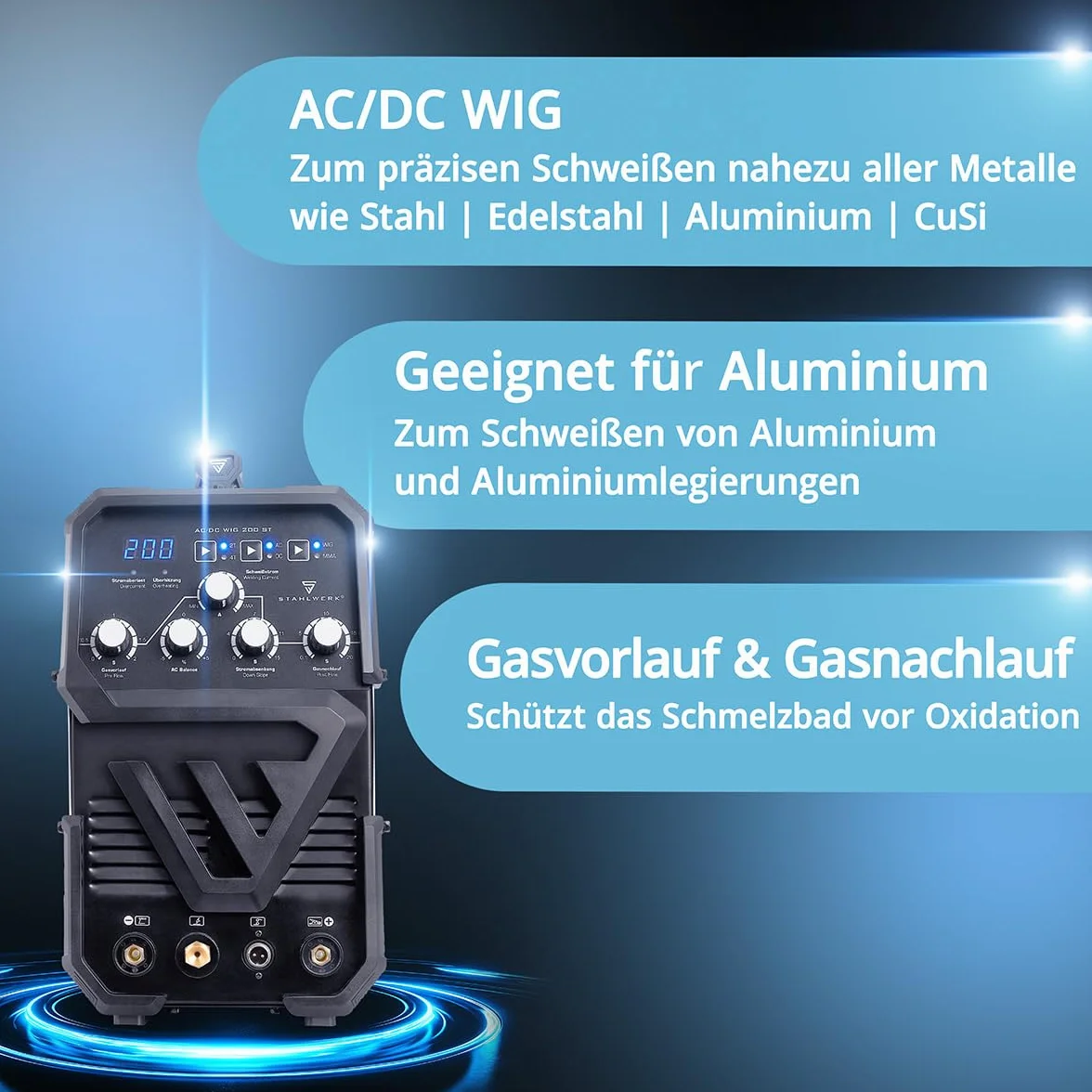 STAHLWERK Schutzgasschweißgerät 2-in-1 Kombi AC/DC WIG 200 ST – WIG & MMA (E-Hand/ARC) bis 200 A, HF-Zündung, Hotstart, Anti-Stick, 2T & 4T-Modus, AC WIG-Schweißen für Aluminium, IGBT-Technologie