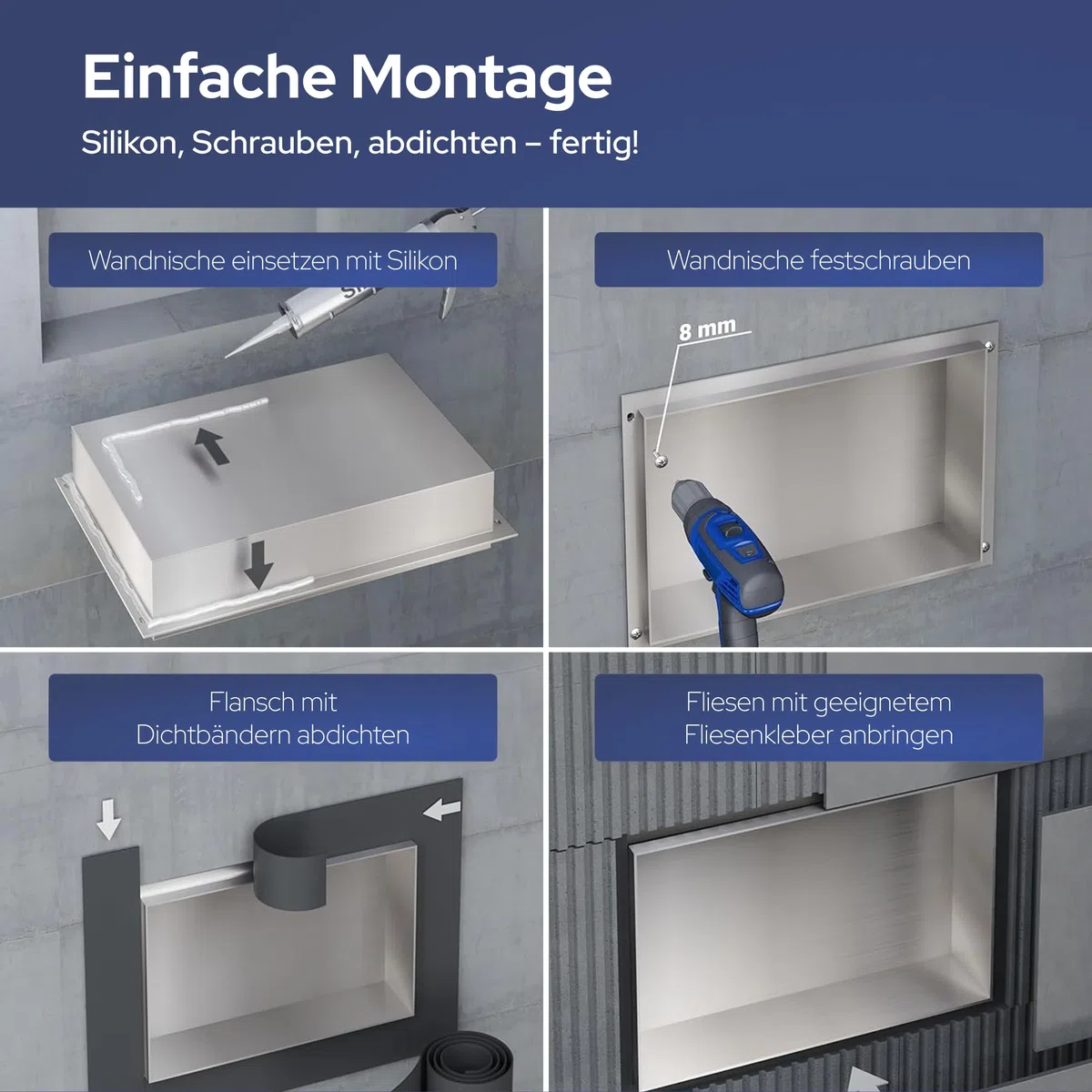 VILSTEIN Wandnische Dusche 30x45 cm [ROSTFREI] - Randlose Duschnische - Wandnische Silber - Einbauregal für Dusche im Unterputz - Randloses Duschregal mitVersenkte Duschnische für das Badezimmer