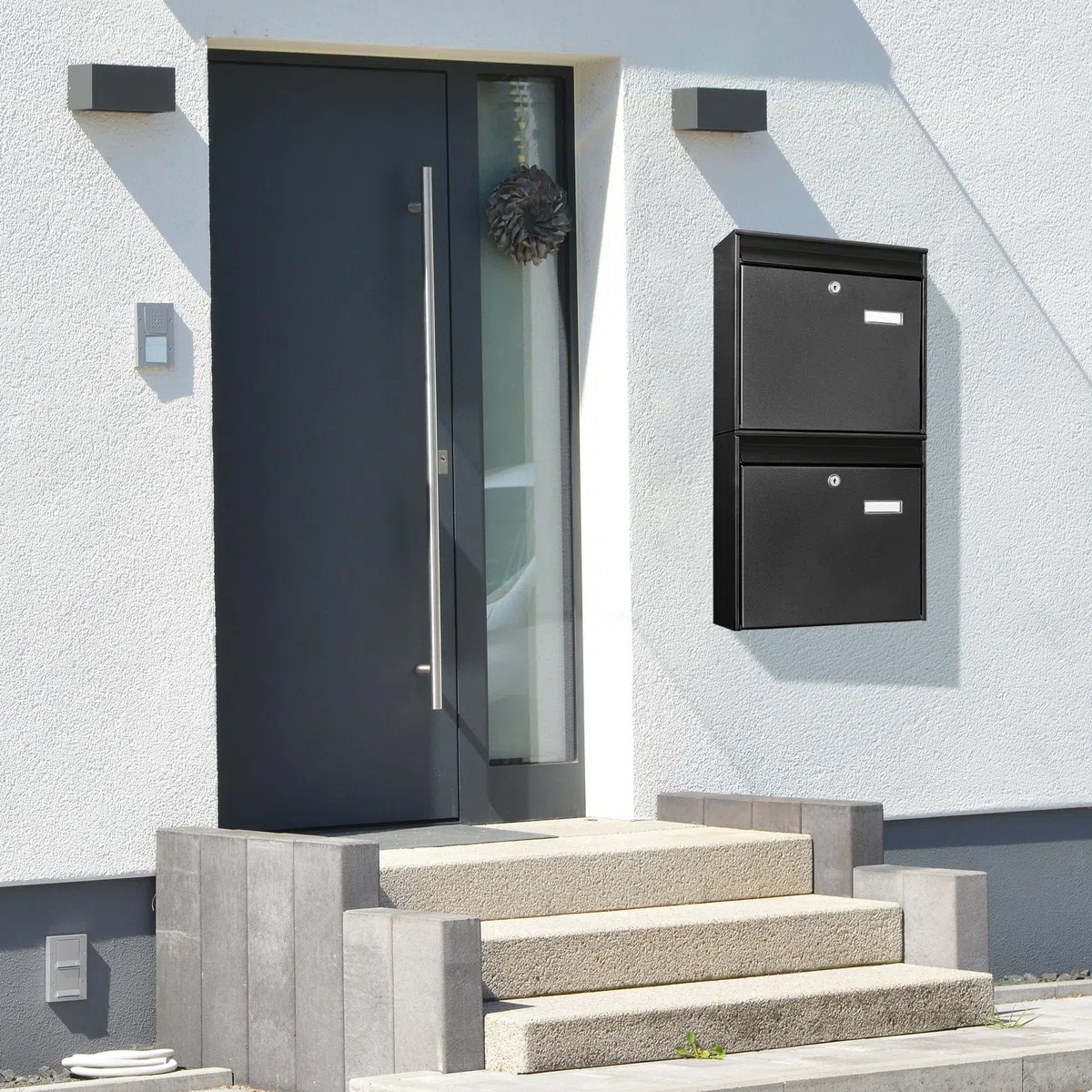 banjado Burg-Wächter Briefkastenanlage - Briefkasten 2 Parteien Schwarz - Doppelbriefkasten - Postkasten Mehrfamilienhaus - Briefkasten XXL mit Namensschild - Briefkästen