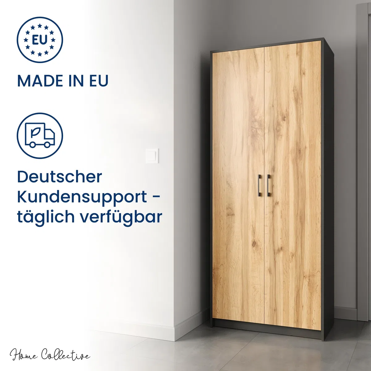 Home Collective Schrank Mehrzweckschrank Aktenschrank Hochschrank mit 5 Fächern 2 Türen 74x35x180 cm vielseitig einsetzbar für Büro Flur Küche Hauswirtschaftsraum stabil & pflegeleicht | graphit/eiche