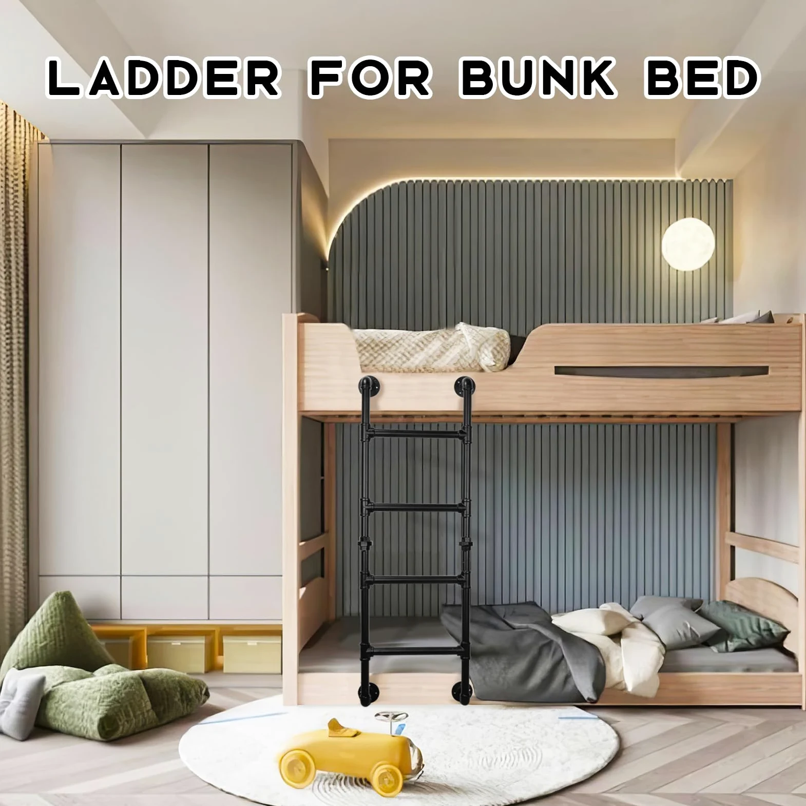 3-Sprossen Wandleiter aus schwarzem Metall, 100 cm/3.3FT, bis 150 kg belastbar, Robuste und platzsparende Ausstiegsleiter für Etagenbett, Loft, Dachboden, und Kellerfensterschacht
