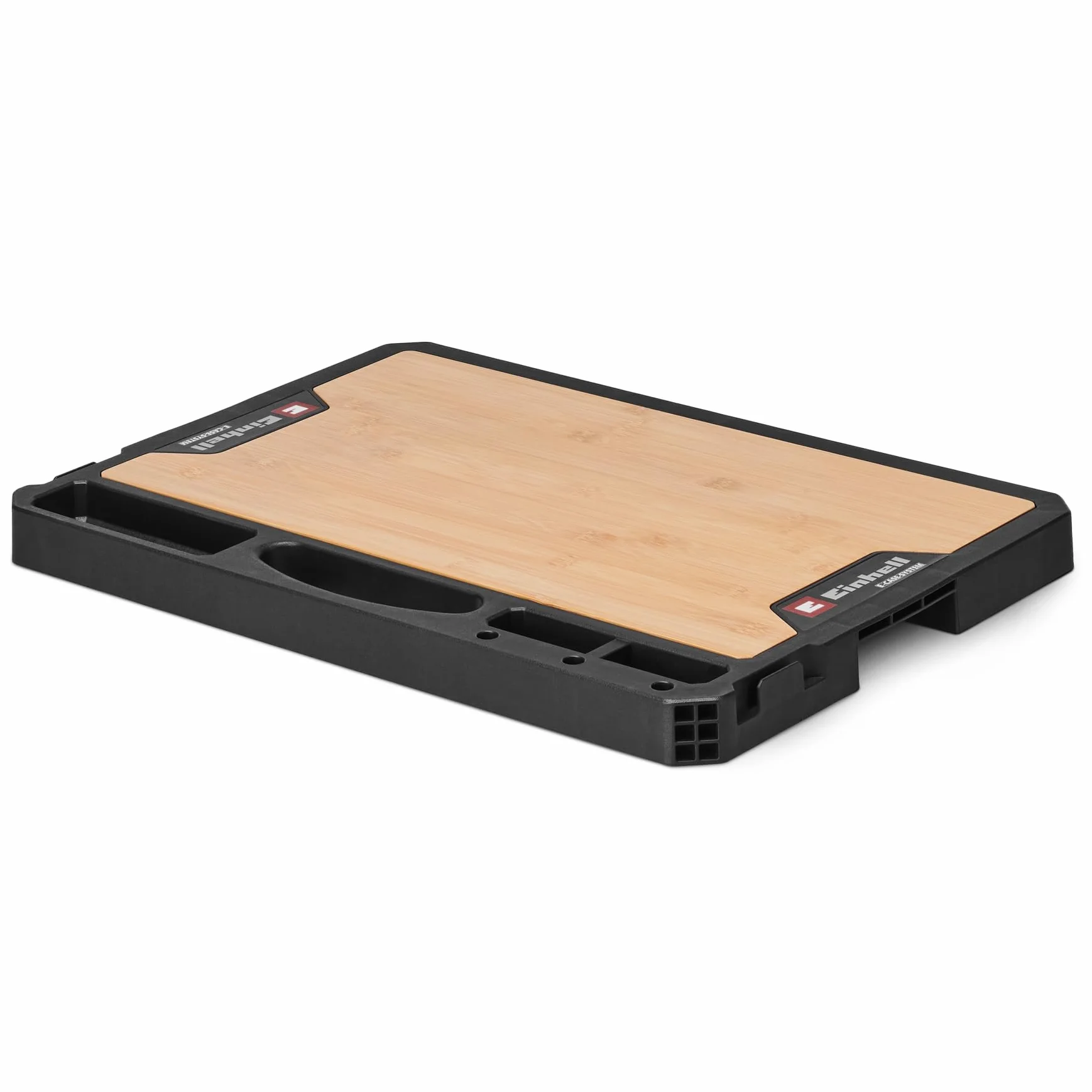 Original Einhell E-Case Arbeitsplatte (50 x 36 x 4,2 cm, max. 84 kg Nutzlast, Einhell E-Case System, robuster Bambus, Mobile Werkbank, Tragegriff, Zubehörhalterungen)