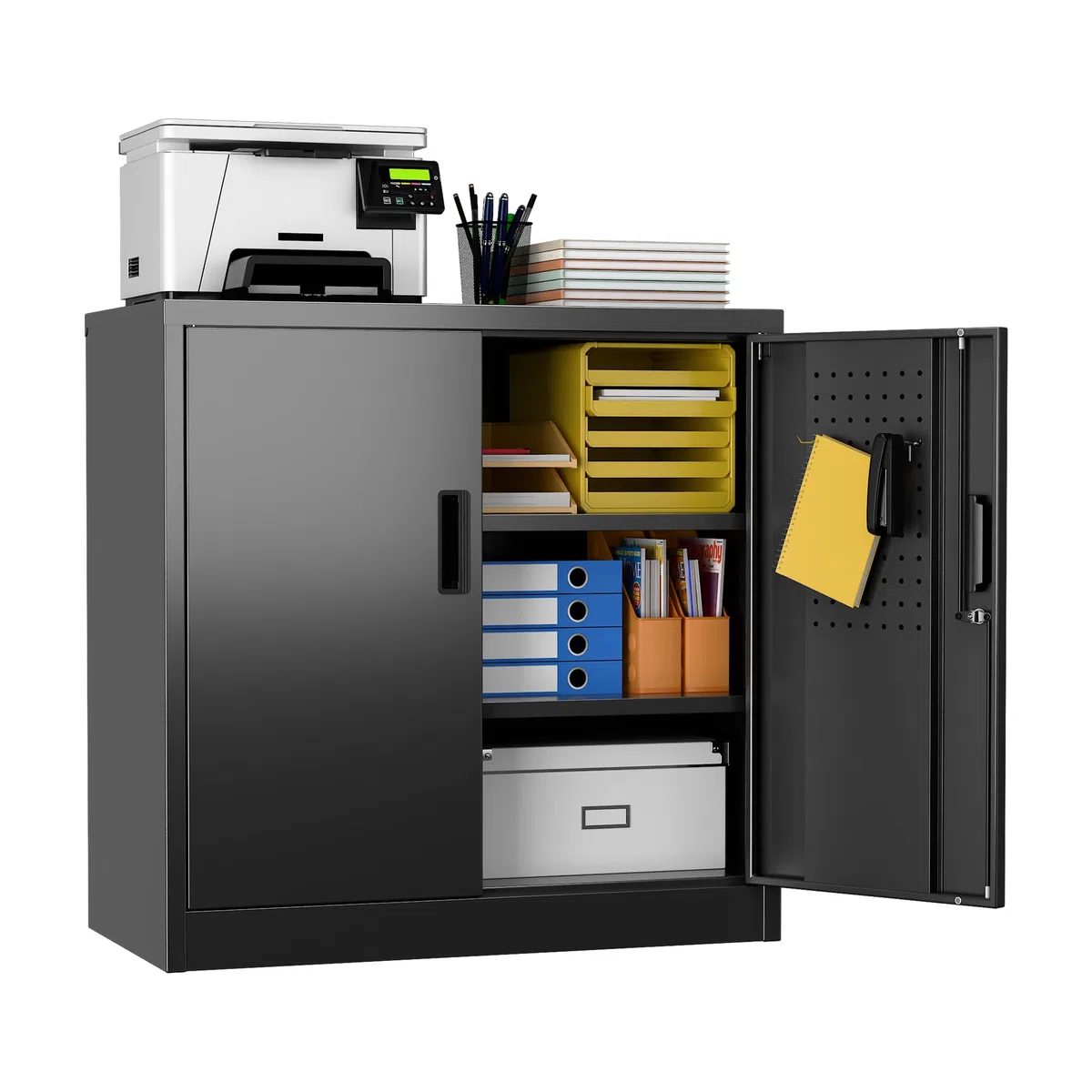 Metallschrank mit Lochplatte und Haken, 80 cm Hoch, 2 Verstellbare Regalböden, Geeignet für Zuhause, Büro, Garage, Schule, Zum Selbstaufbau, Schwarz