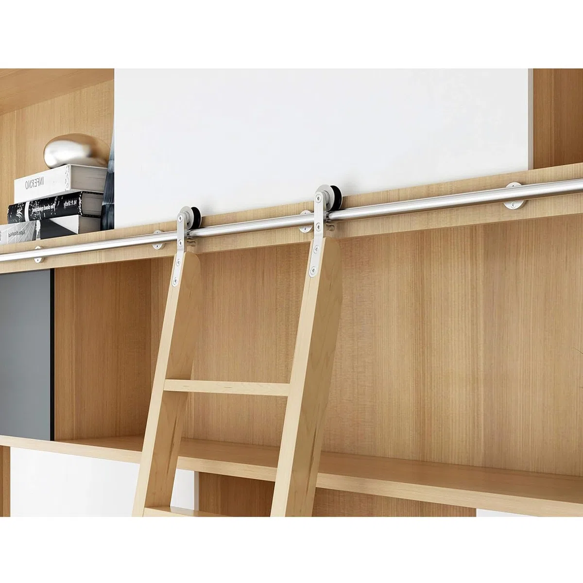 Generisch Rollbare Bibliotheksleiter für das Homeoffice, Gleitschienensystem für Bücherregale, Edelstahl-Rundrohr-Gleitleitersystem, komplettes Schienenset mit oberer Rolle (ohne Leiter) (Gr