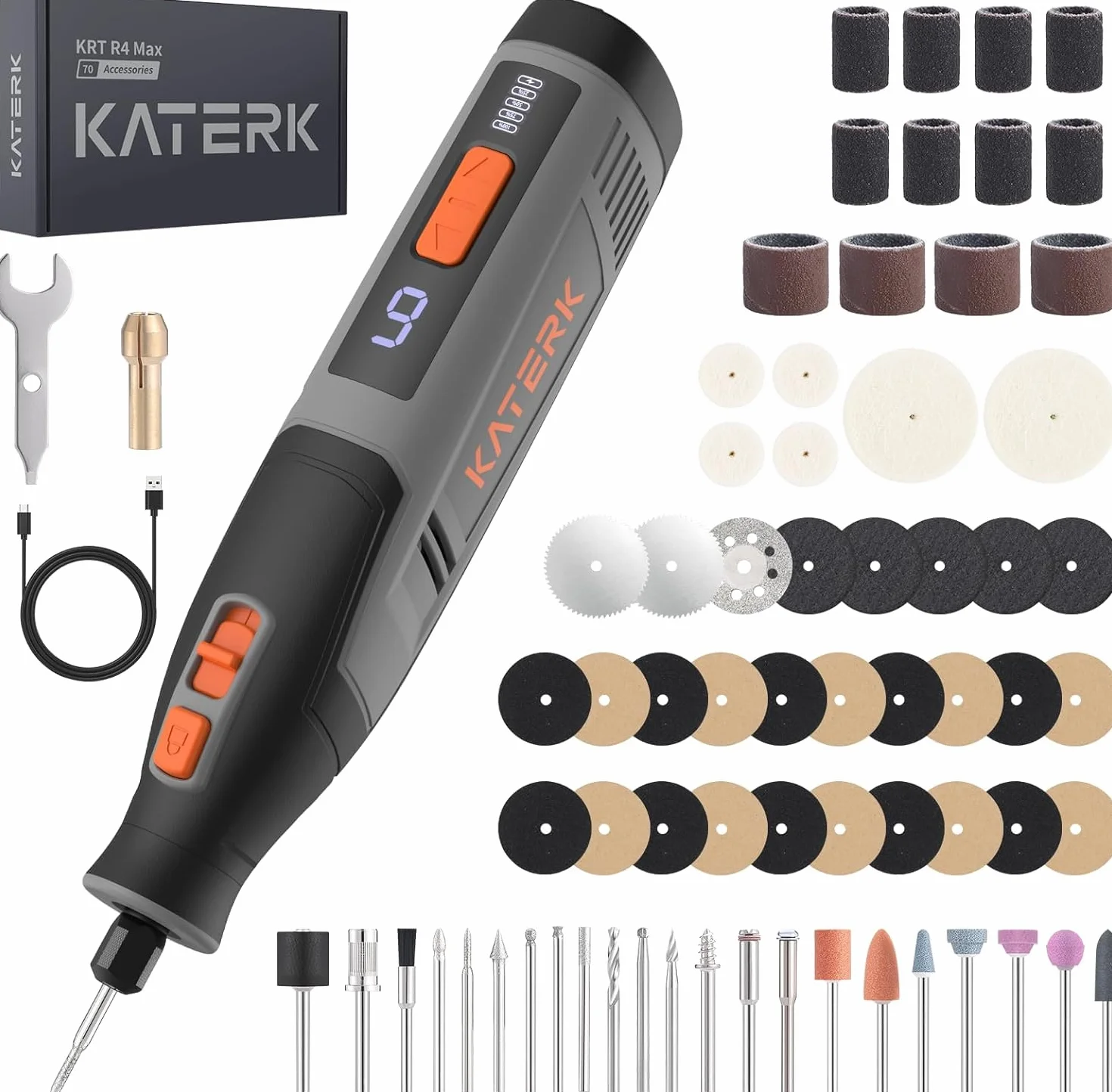 Katerk Akku-Multifunktionswerkzeug, Rotationswerkzeug-Set mit 70 Zubehörteilen, 6 Geschwindigkeiten, 28000 U/min, Multifunktionswerkzeuge Gravierstift für feine Arbeiten, Schneiden, Schleifen