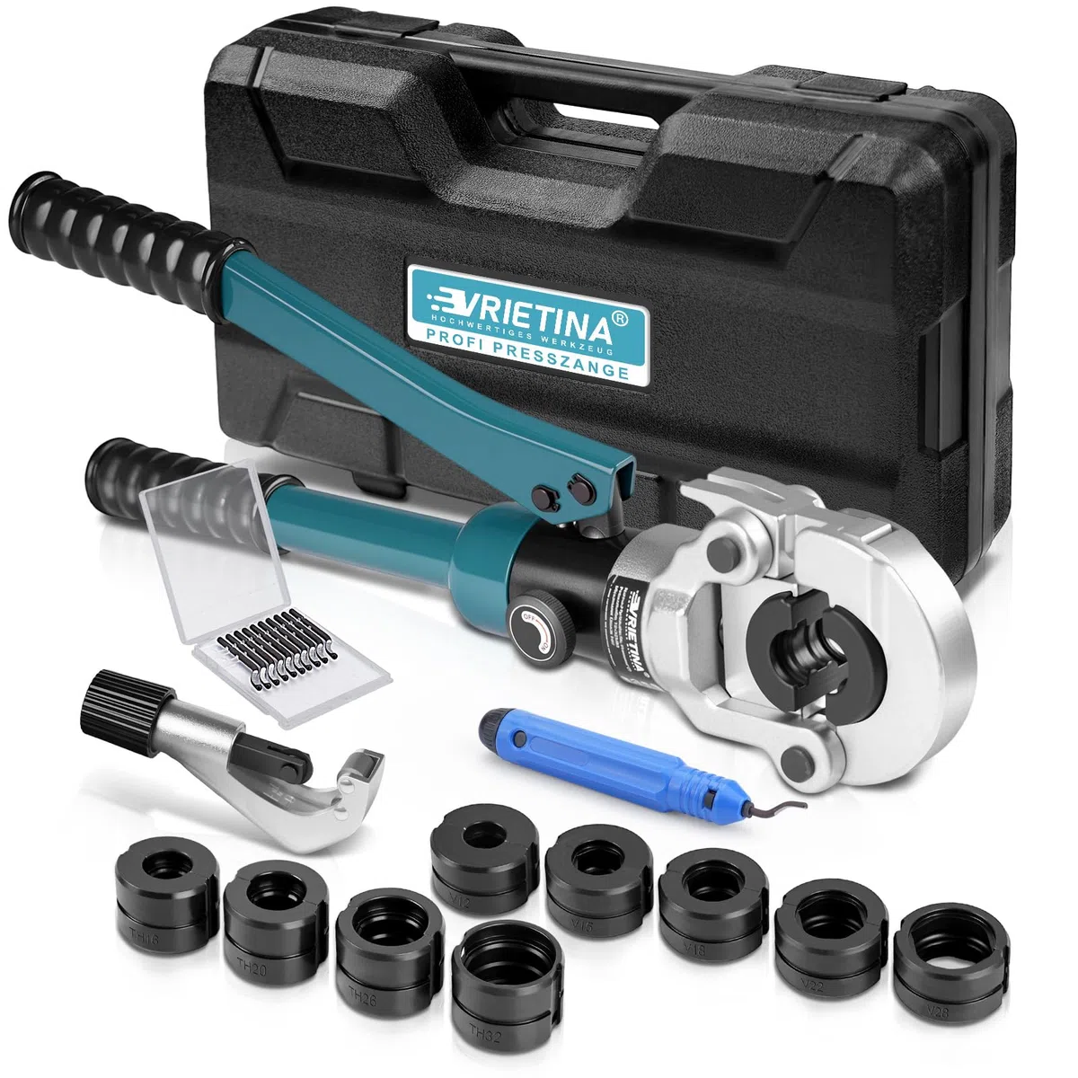 Profi Presszange Kupferrohr V-Kontur und TH-Kontur mit Rohrabschneider und Entgrater, Handpresszange Kupferrohr Presszange Verbundrohr mit V12 V15 V18 V22 V28 Und TH16 TH20 TH26 TH32, Blau