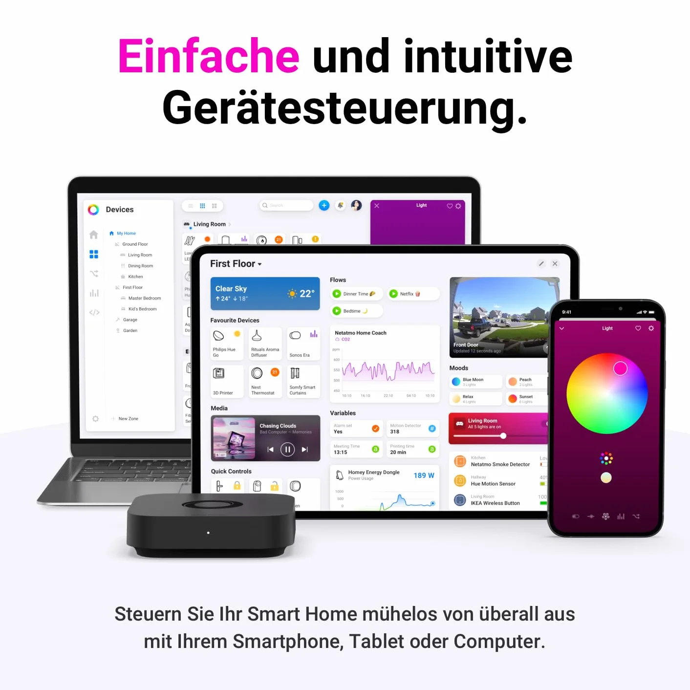 Homey Pro (2026) | Smart Home Hub für Hausautomation – Unterstützt Z-Wave Plus, Zigbee, Wi-Fi, BLE, 433 MHz, Infrarot, Matter & Thread. Kompatibel mit Siri, Alexa & Google Home.