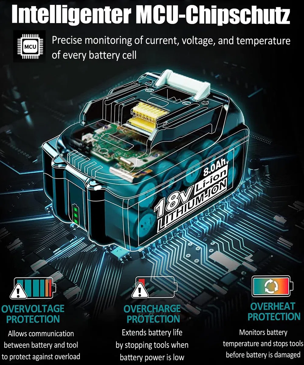 Hohe Kapazität 18V 8.0Ah/8000mAh Verbesserte 2X Ersatzakku für makita + Dual Port 6A Ladegerät DC18RD Kompatibel für BL1860B BL1850B BL1840B BL1830 BL1835 194205-3 LXT-400 with LED Werkzeugakku.